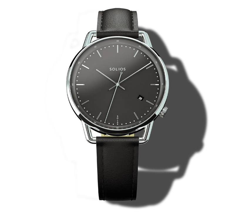 A Solios Curve analog wristwatch with a black leather strap, a black dial, and a silver-toned case, shown against a white background with a soft shadow.