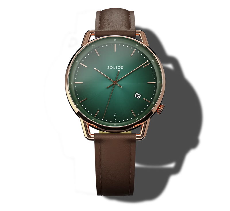 A Solios Curve solar watch with a green gradient analog dial and a brown leather strap, shown on a white background with a soft shadow.