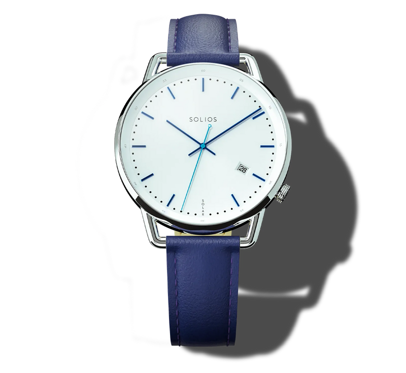 A Solios Curve analog watch with a white dial, blue hands and markers, and a blue leather strap, shown on a white background with a soft shadow.