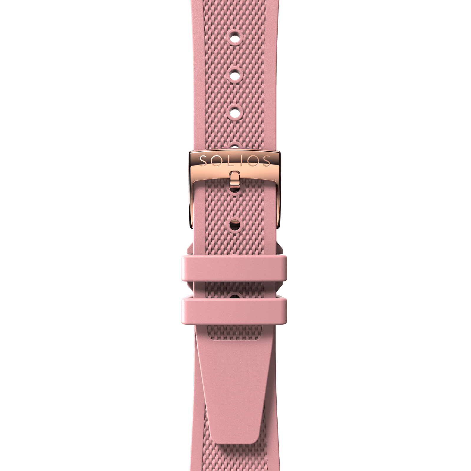 Front view of a pink natual rubber strap from Solios with a rose gold buckle