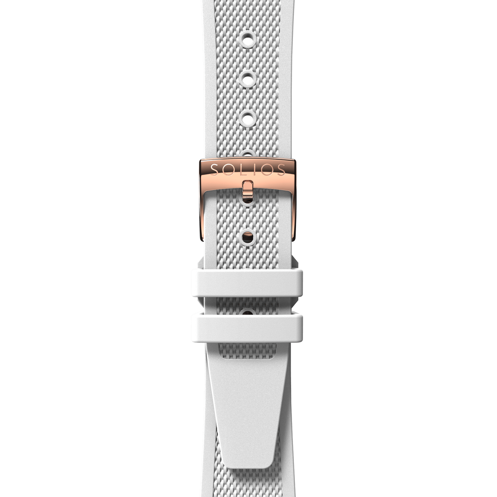 Front view of a white natural rubber strap from Solios, attached with a rose gold buckle