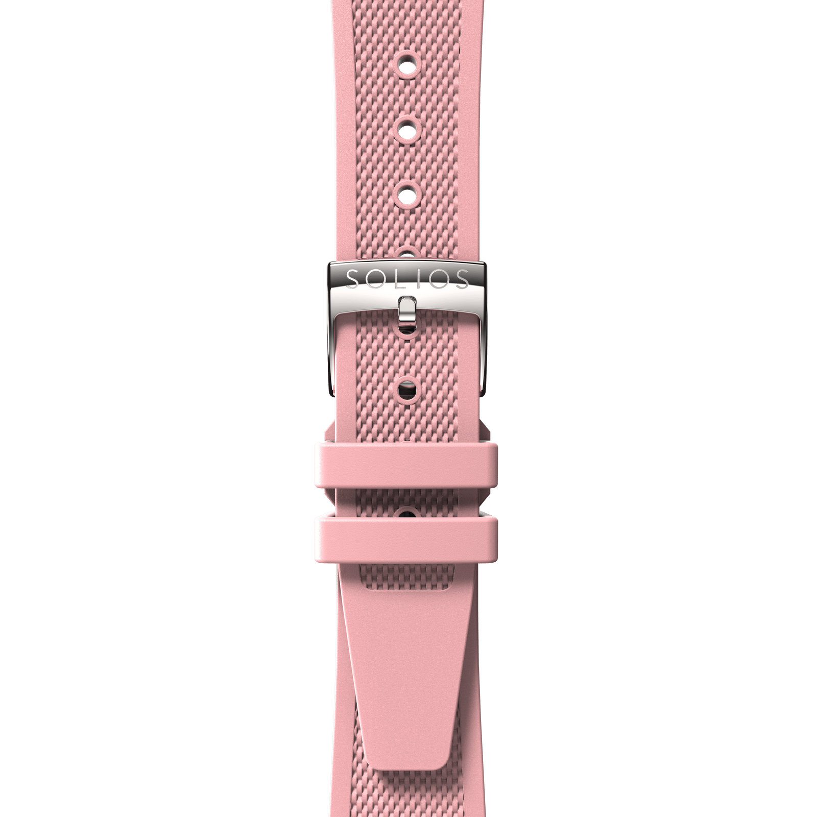 Pink natural rubber strap with a front view, attached with a Solios silver buckle