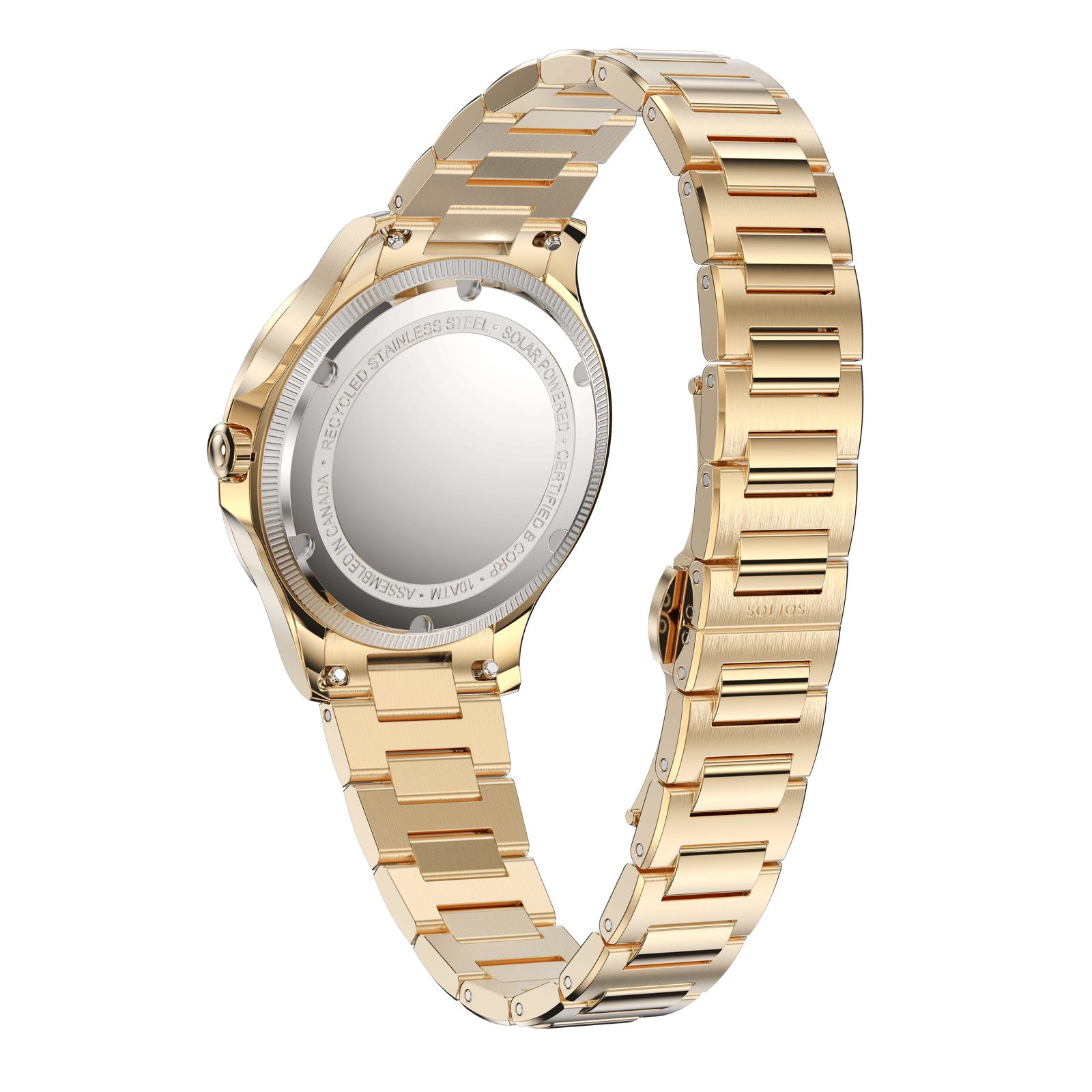 Golden stainless steel metal bracelet attached to the Sunseeker Solios solar watch.