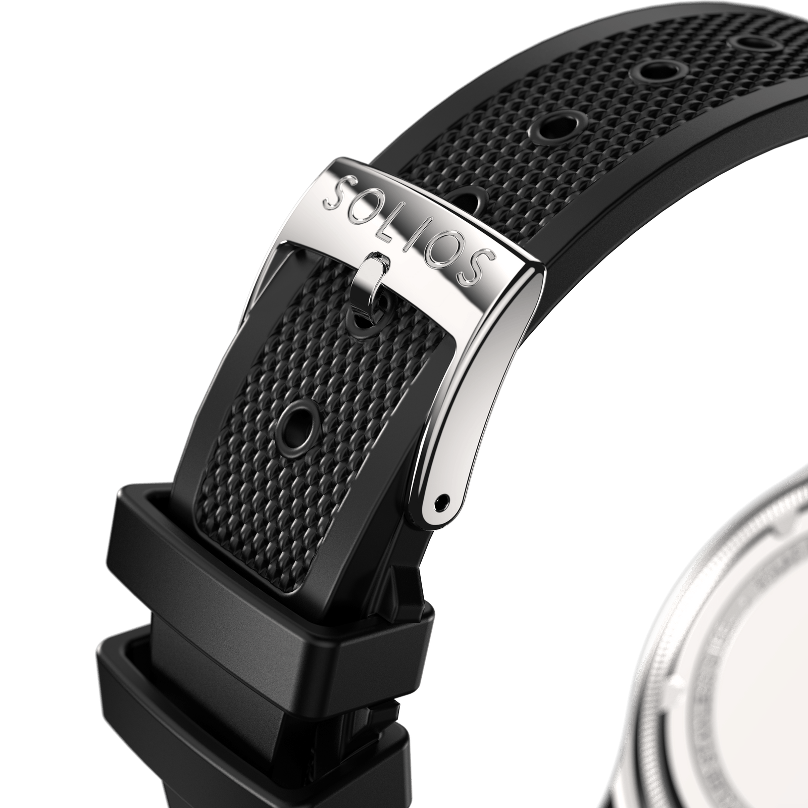 Close up of a Solios silver buckle on a black natural rubber watch strap