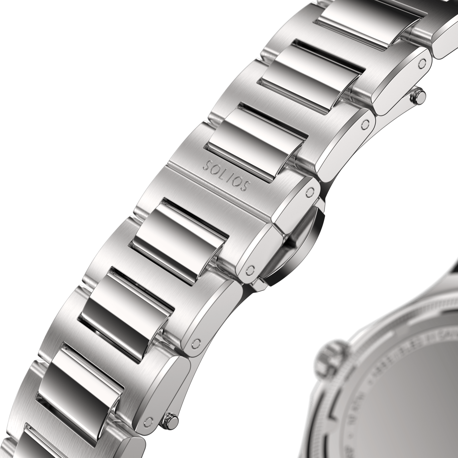 Close up view of the butterfly clasp from the silver stainless steel bracelet for Solios