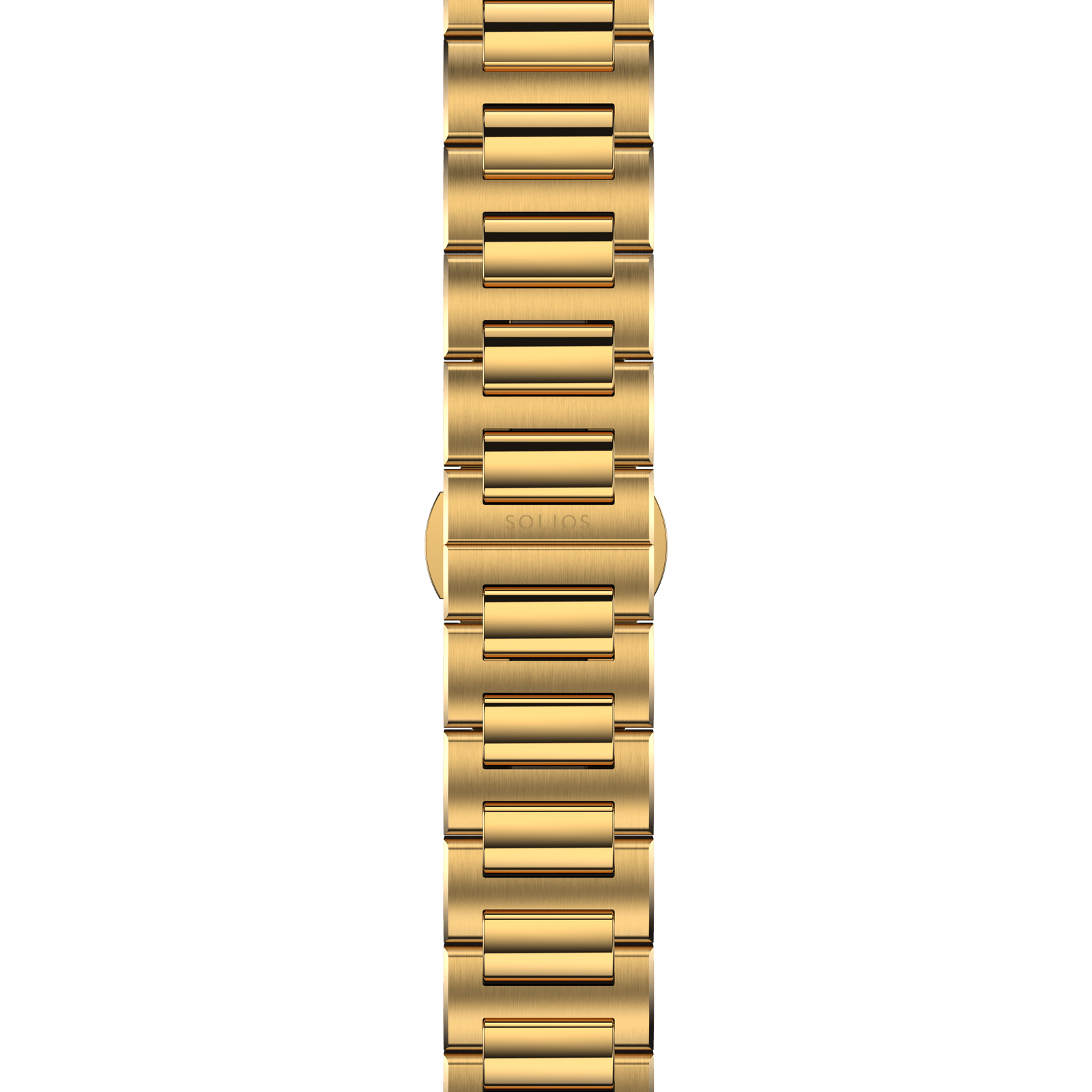 Gold metal bracelet from Solios with a butterfly clasp, in a front view