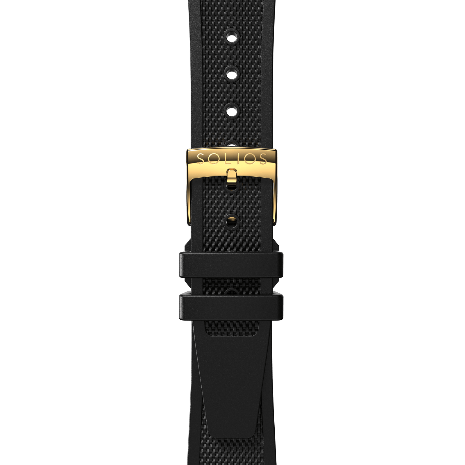 Front view of an attached black natural rubber strap with a gold Solios buckle