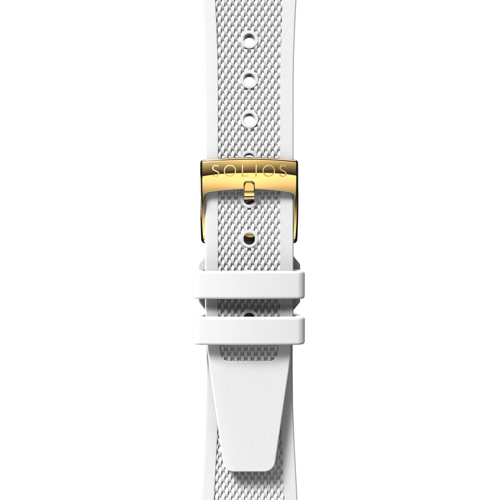 Front view of a white natural rubber strap from Solios, attached from the front with a gold buckle