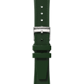 Front view of an attached green natural rubber strap with a Solios silver buckle