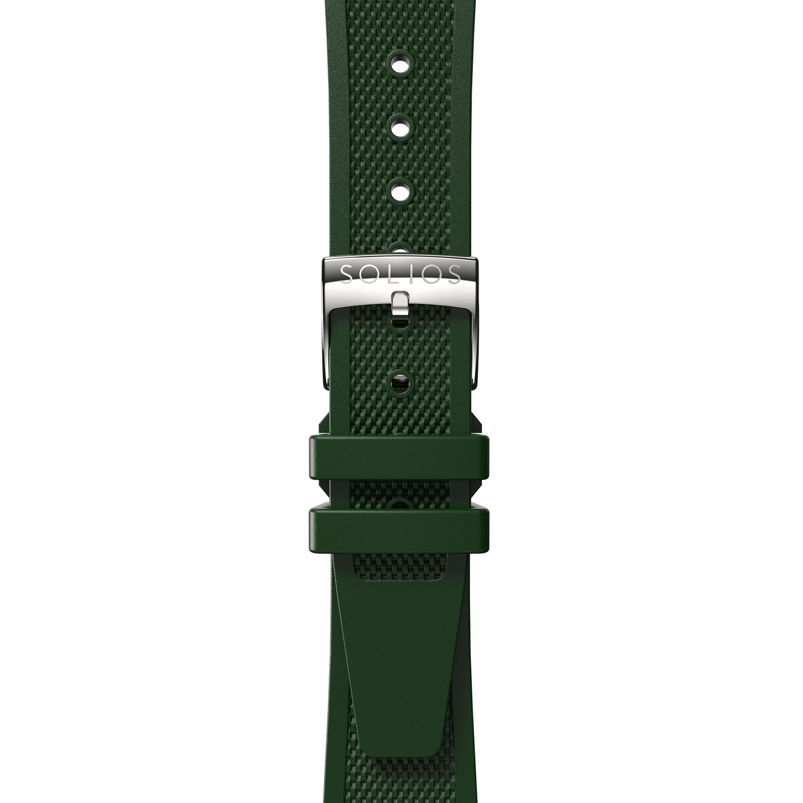 Front view of an attached green natural rubber strap with a Solios silver buckle