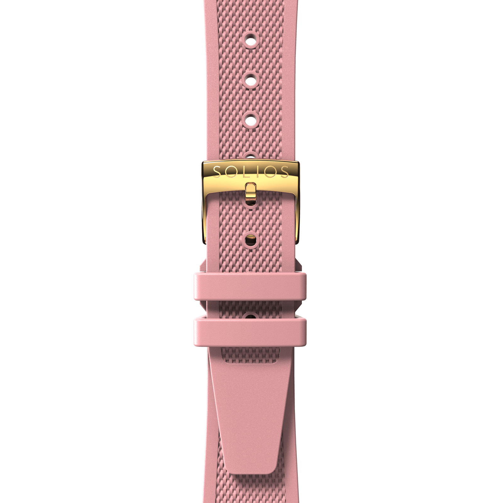 Front view of a pink natural rubber strap from Solios with a gold buckle