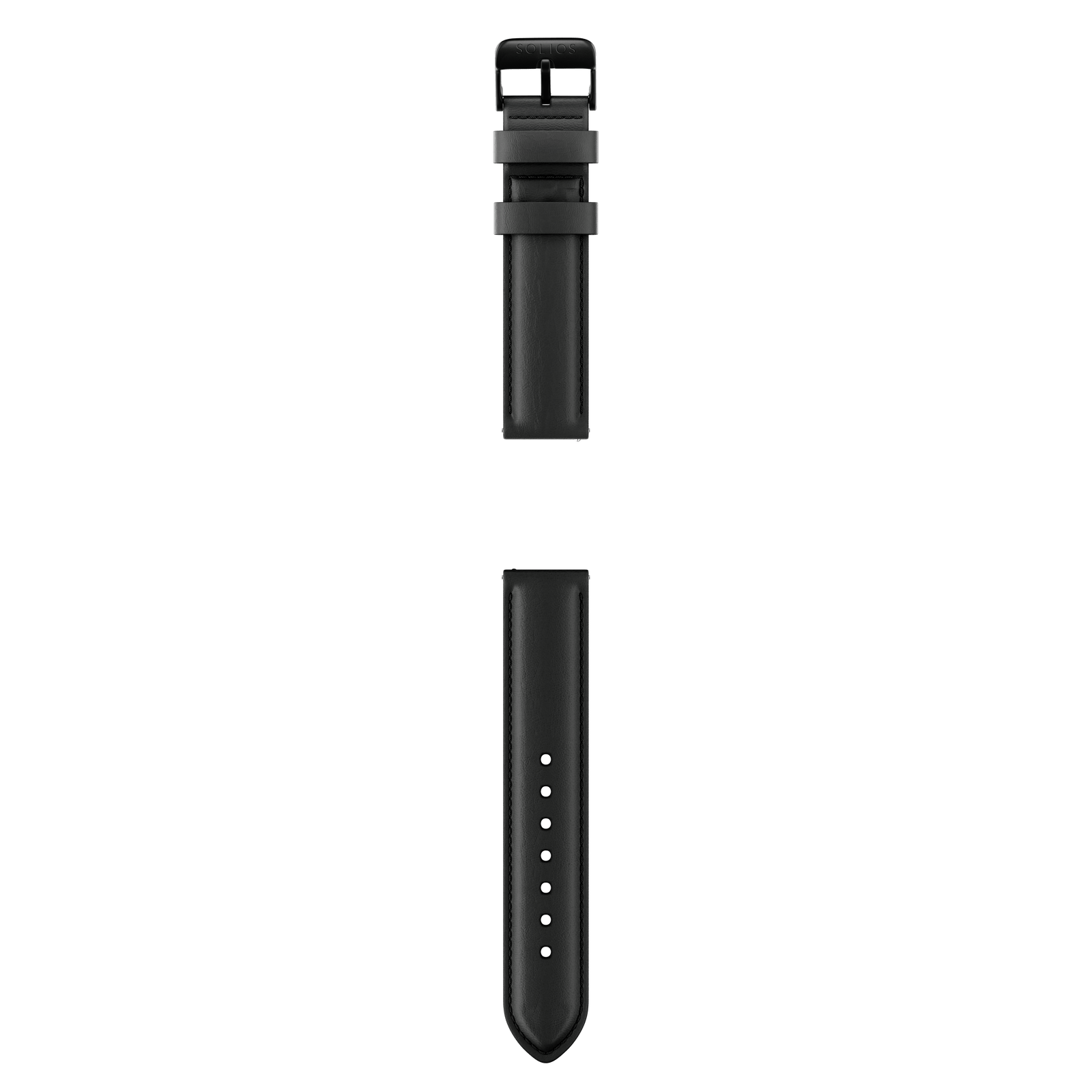 Complete view of the two parts from the black eco vegan leather strap with the black buckle
