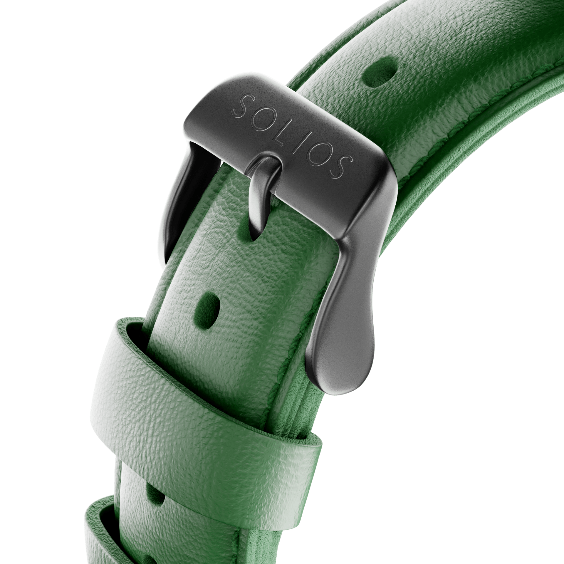 Close up view of the black buckle on the green co vegan leather strap from Solios