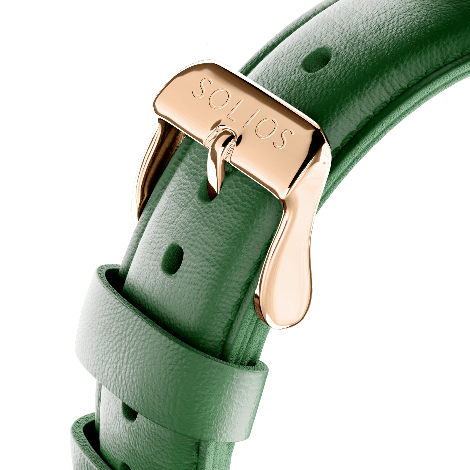 Close up view of the rose gold buckle on the green co vegan leather strap from Solios