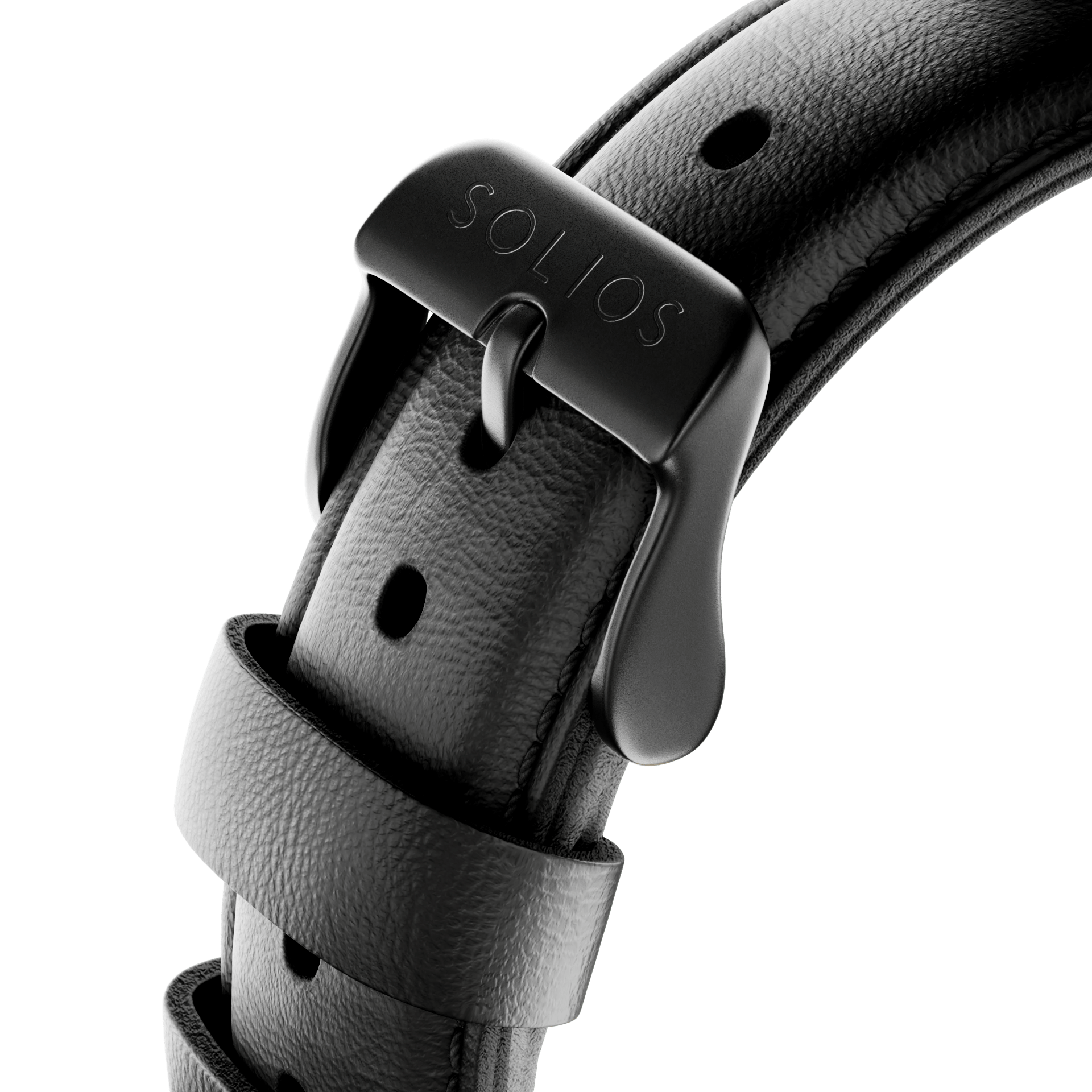 Close up of the black buckle on the black eco vegan leather strap from Solios