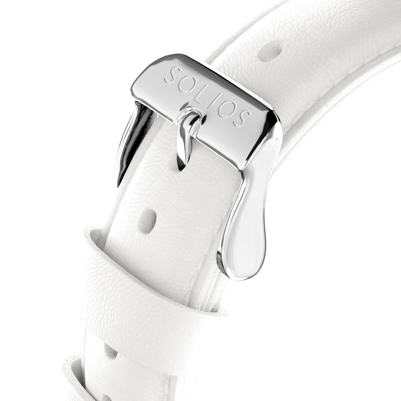 Close up view of the white eco vegan leather strap from Solios with a silver buckle