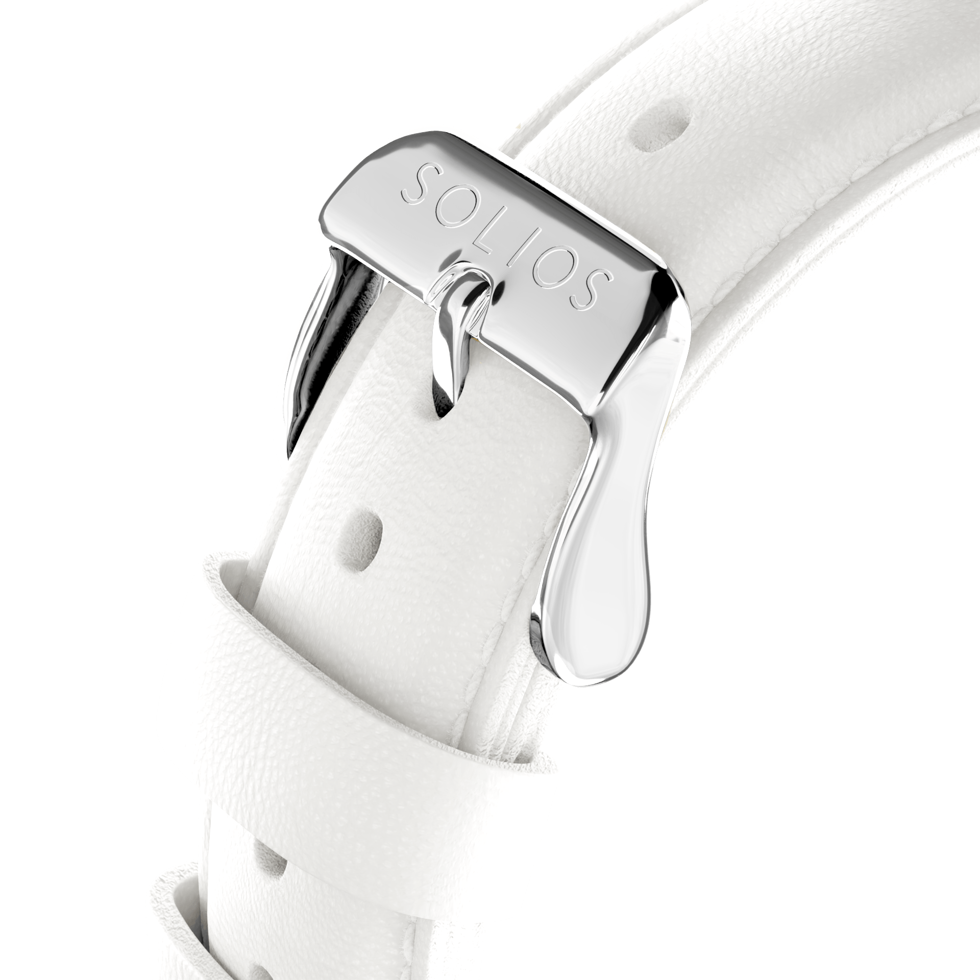 Close up view of the white eco vegan leather strap from Solios with a silver buckle