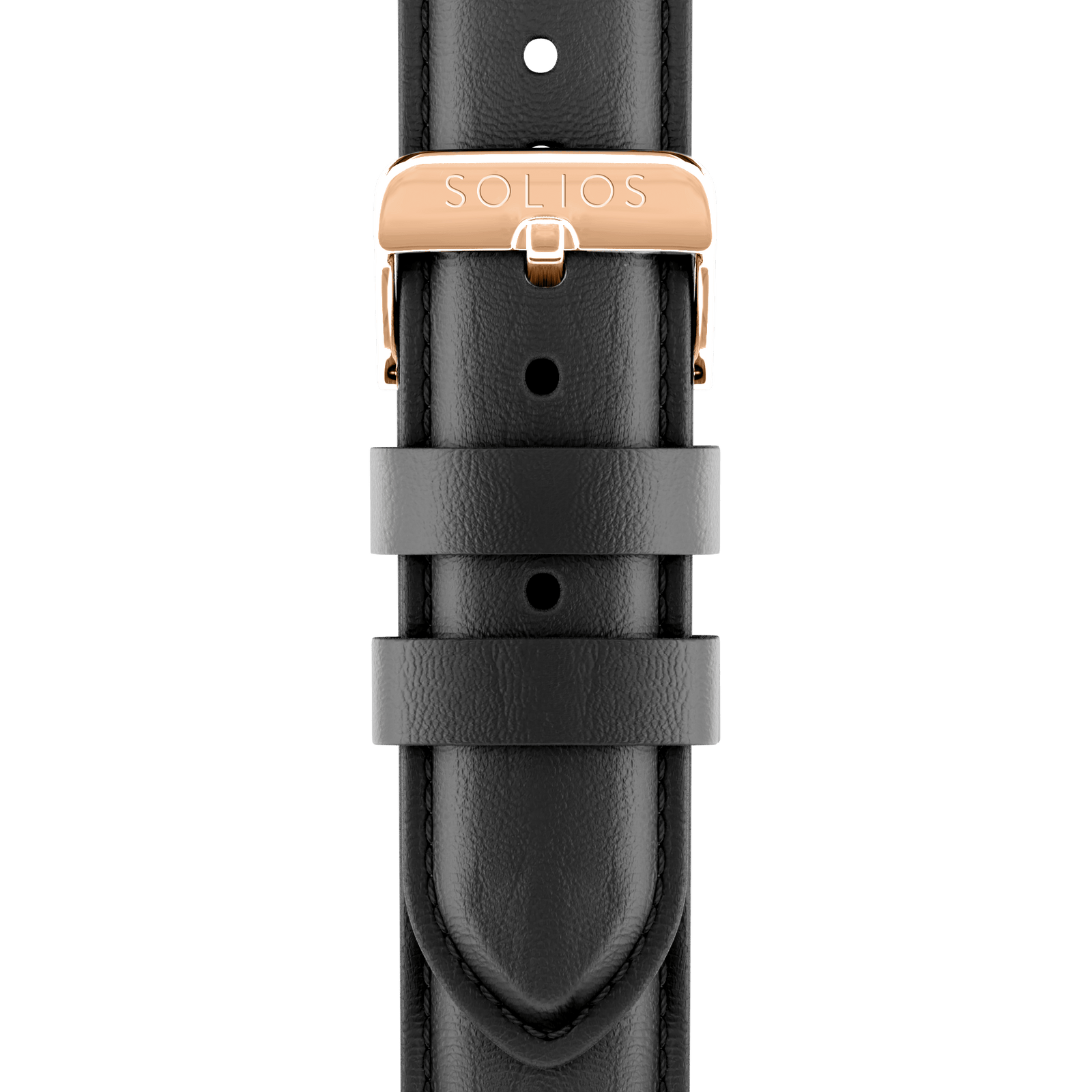 Close up front view of the rose gold buckle on the black eco vegan leather strap from Solios