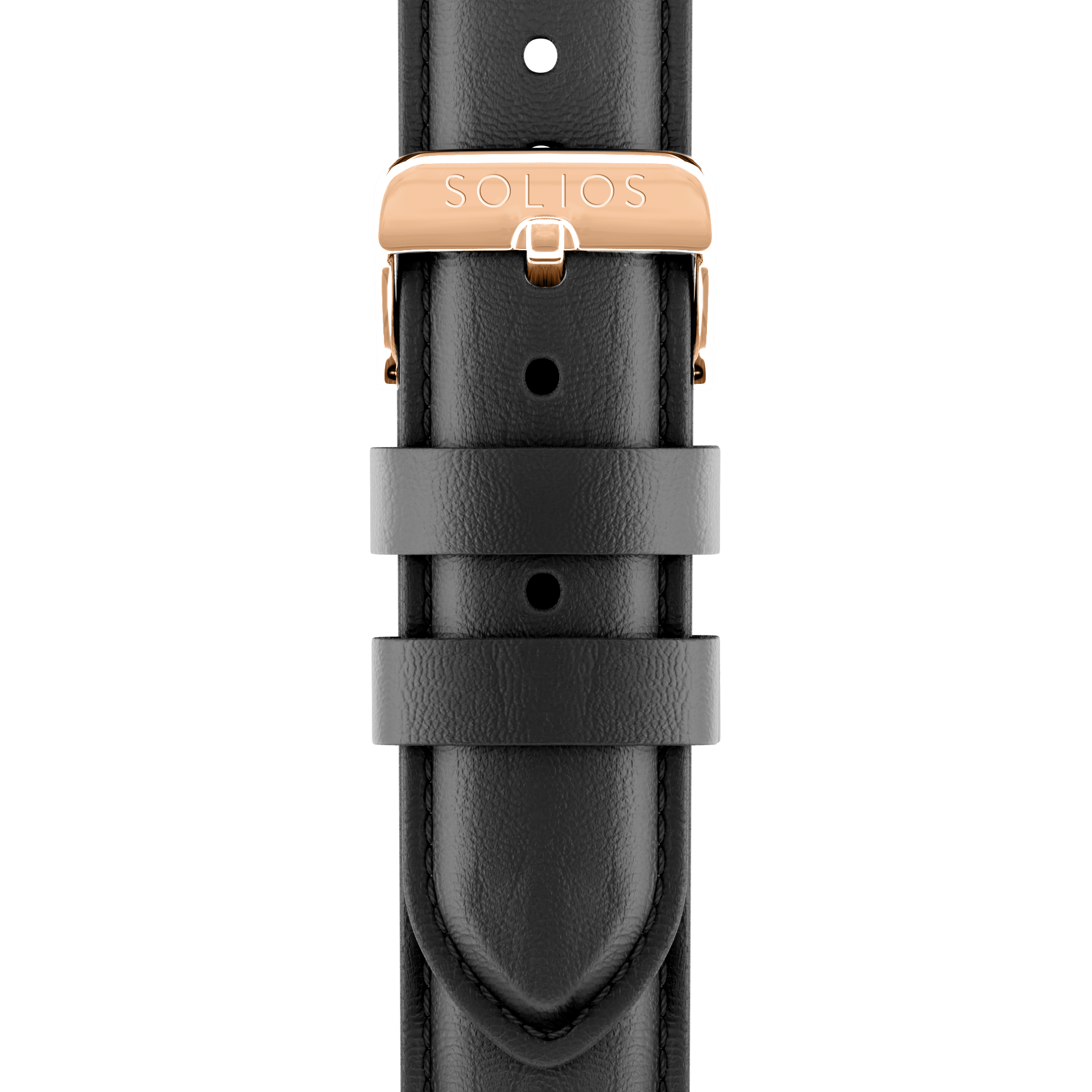 Close up front view of the rose gold buckle on the black eco vegan leather strap from Solios