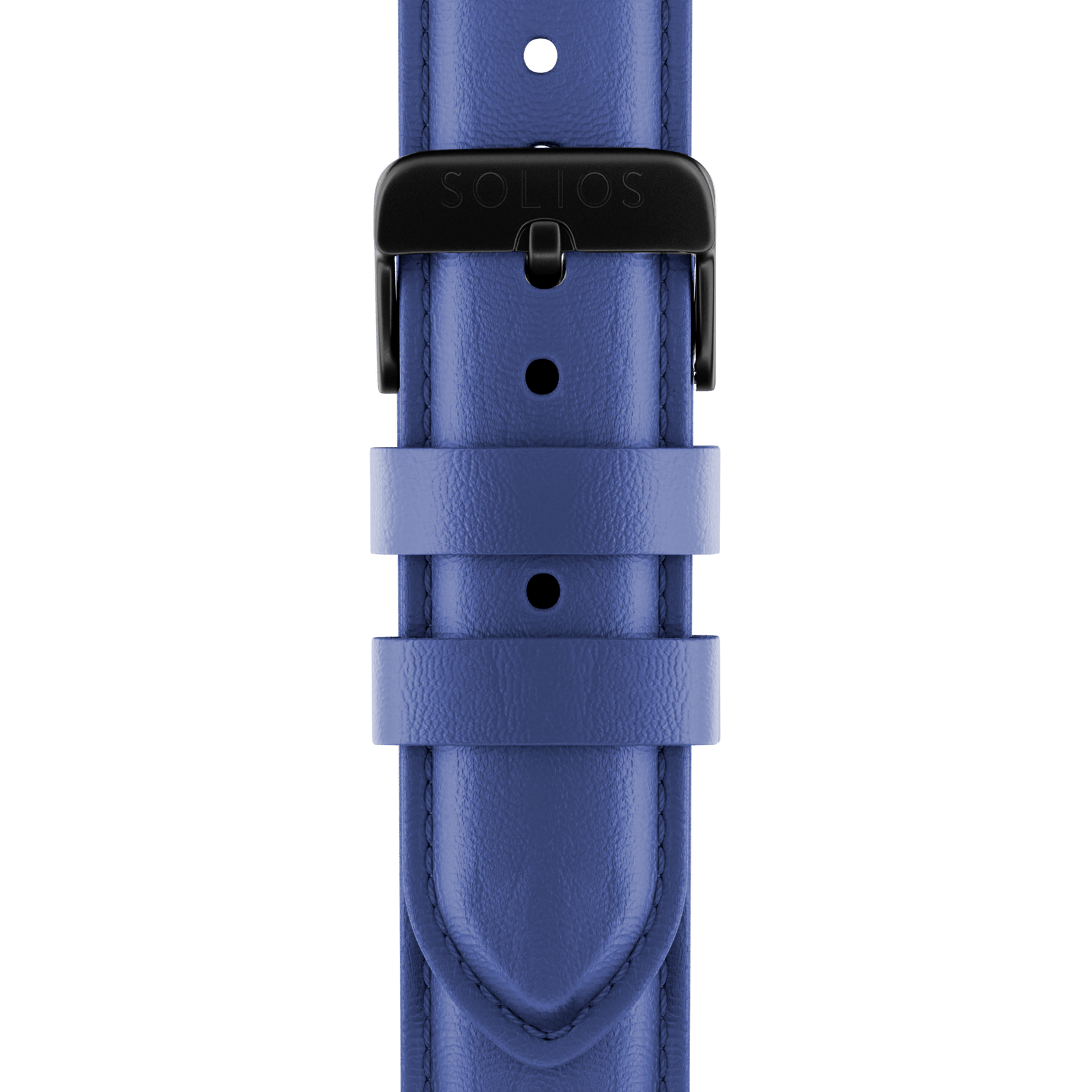 Close front view of the blue eco vegan leather strap from Solios with a black buckle