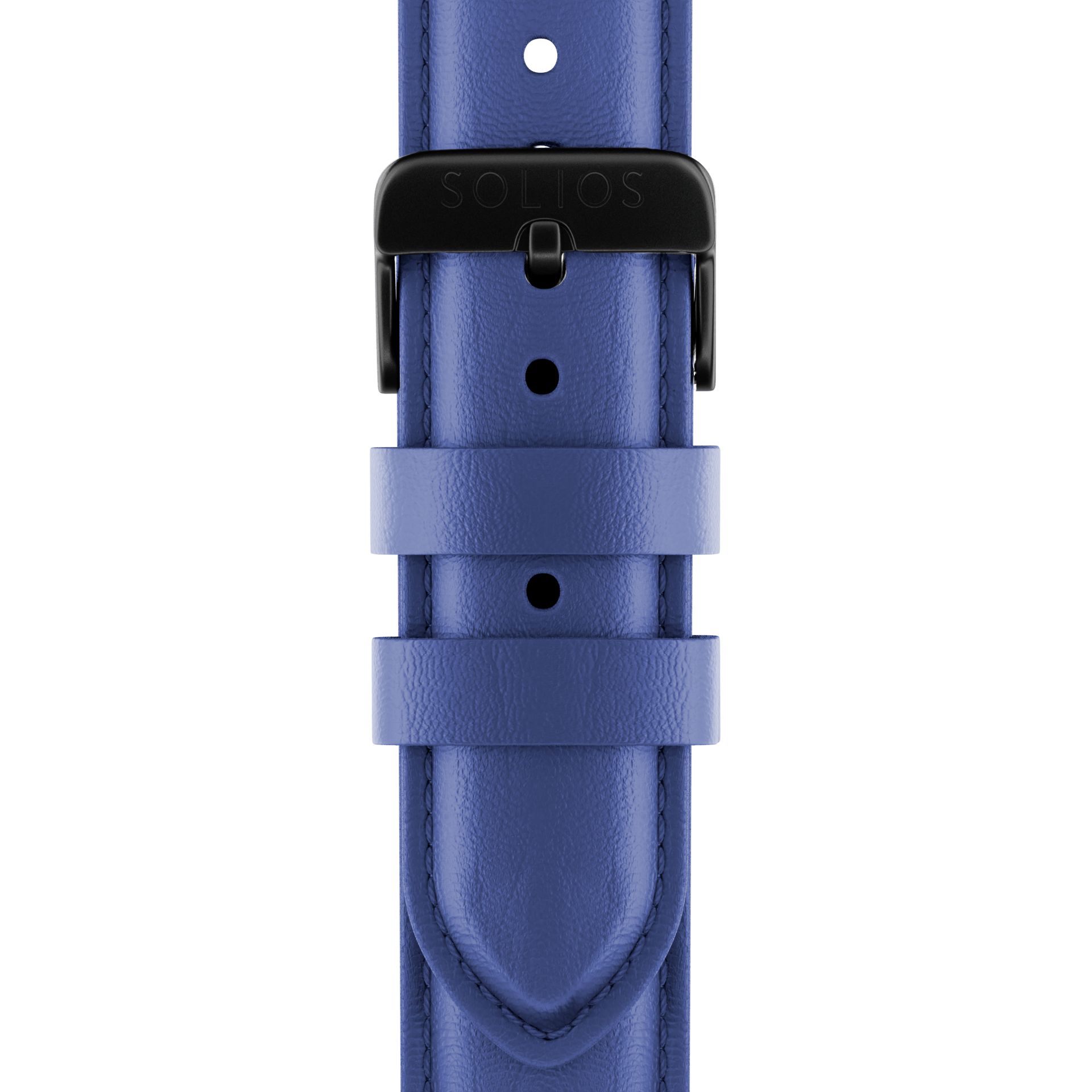 Close front view of the blue eco vegan leather strap from Solios with a black buckle