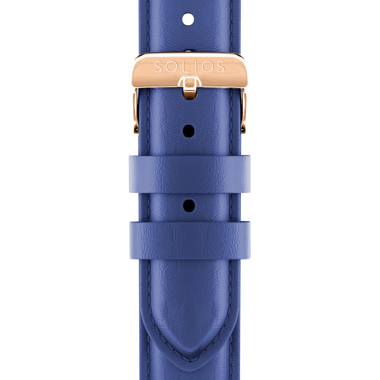 Close front view of the blue eco vegan leather strap from Solios with a rose gold buckle