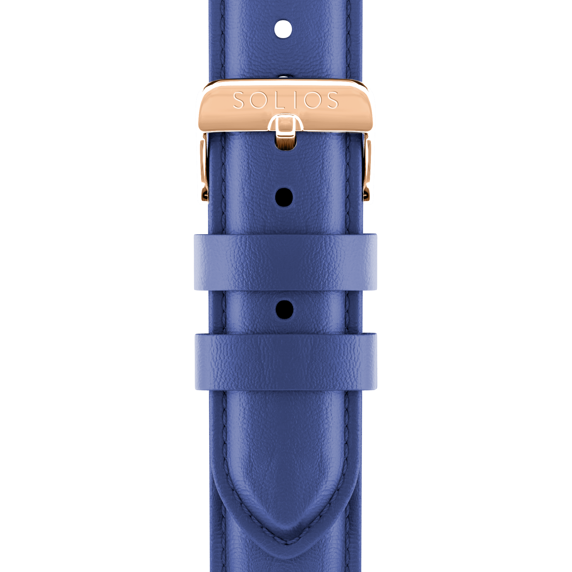Close front view of the blue eco vegan leather strap from Solios with a rose gold buckle