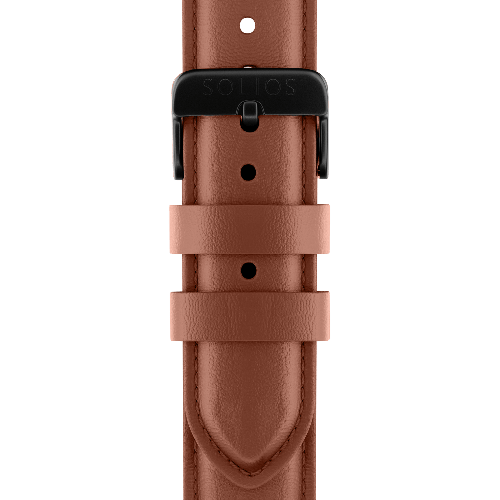 Close front view of the brown eco vegan leather strap from Solios with a black buckle