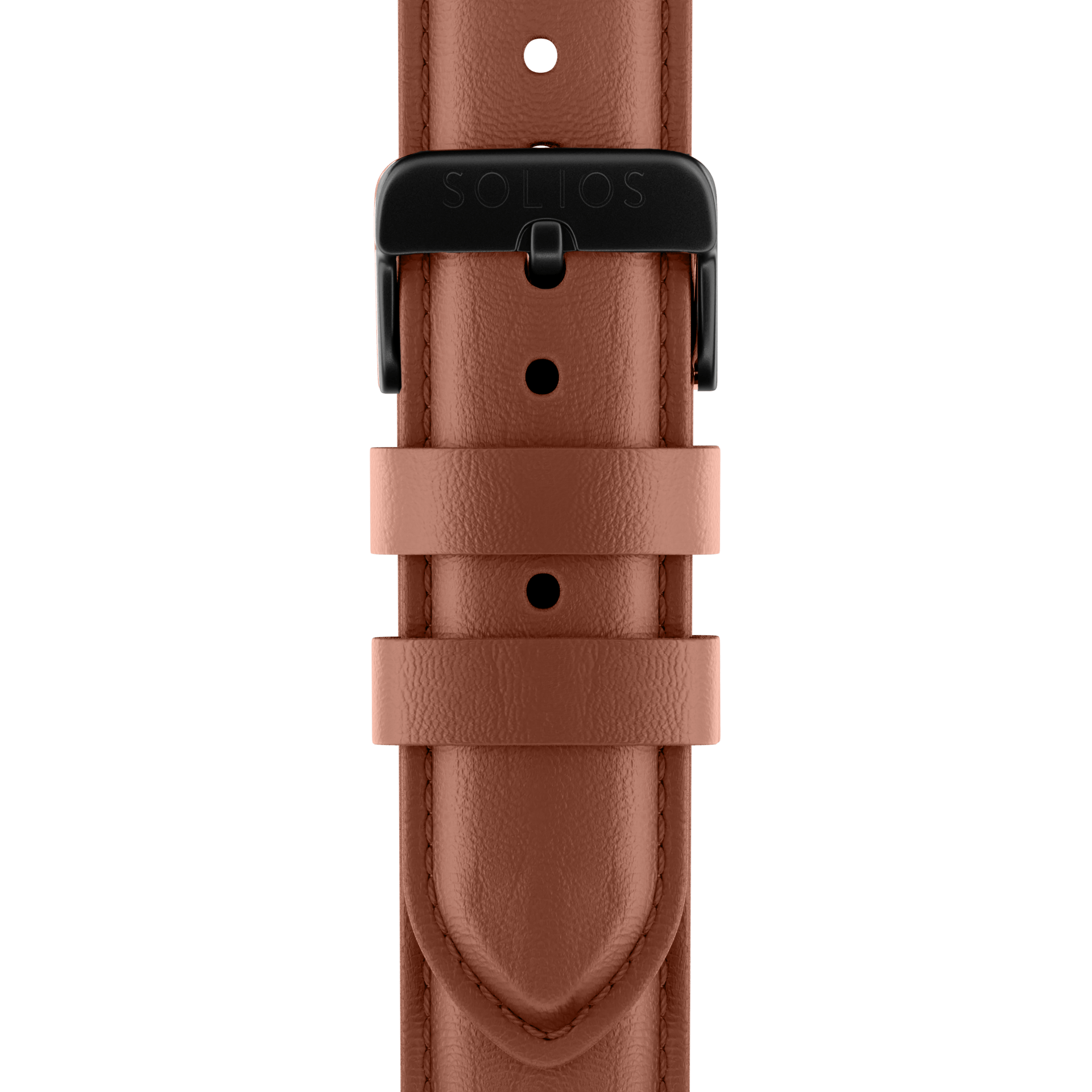 Close front view of the brown eco vegan leather strap from Solios with a black buckle