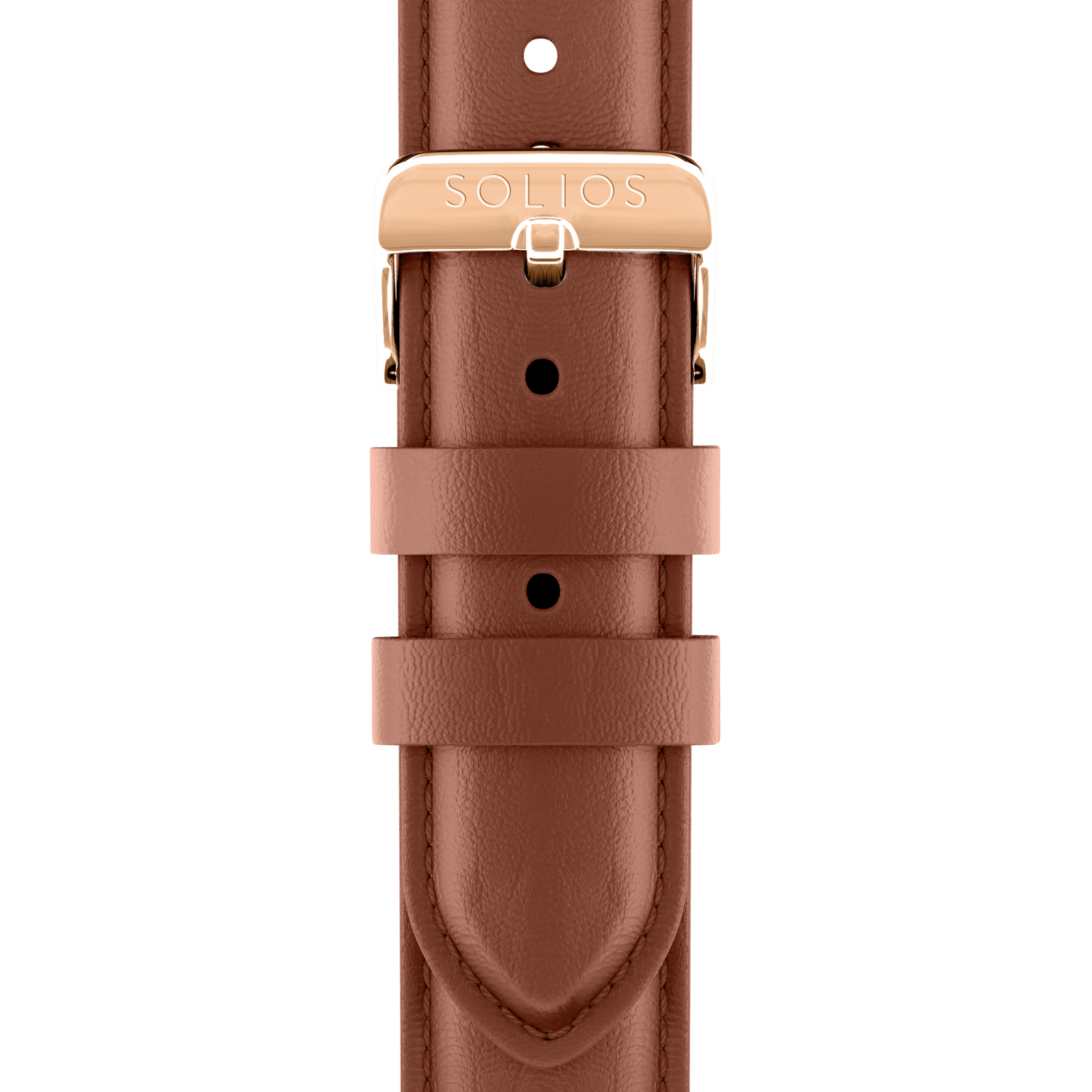 Close front view of the brown eco vegan leather strap from Solios with a rose gold buckle