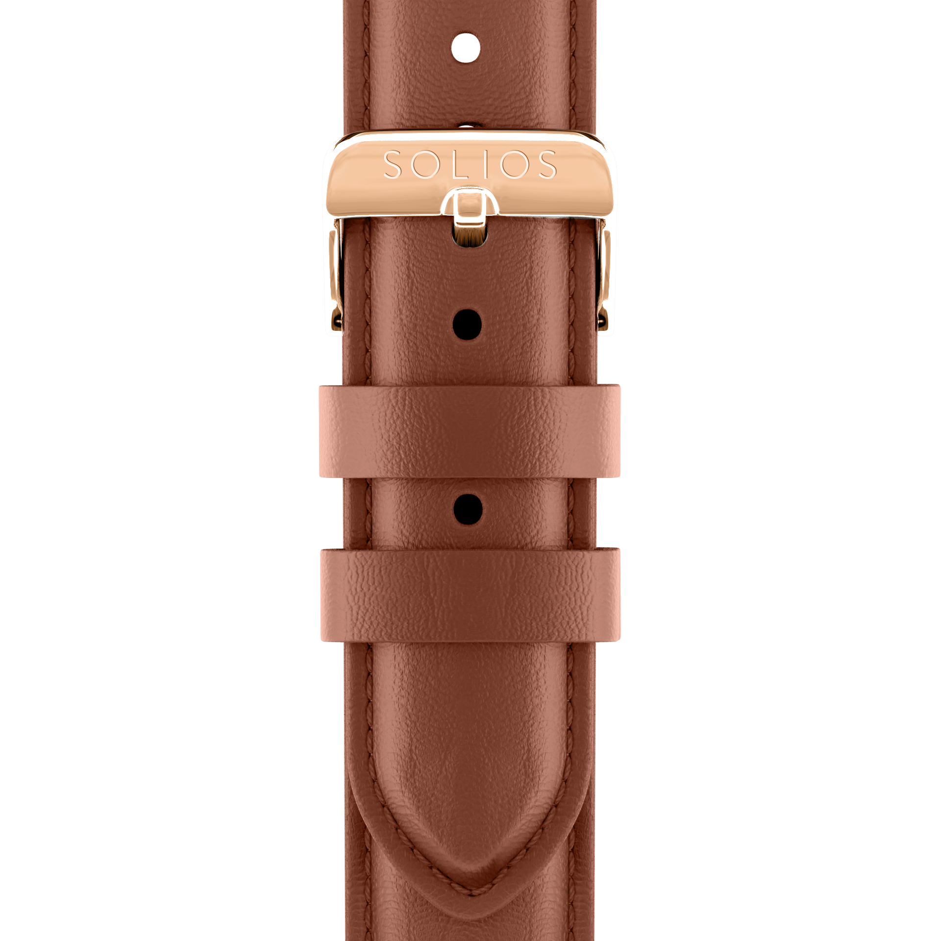 Close front view of the brown eco vegan leather strap from Solios with a rose gold buckle