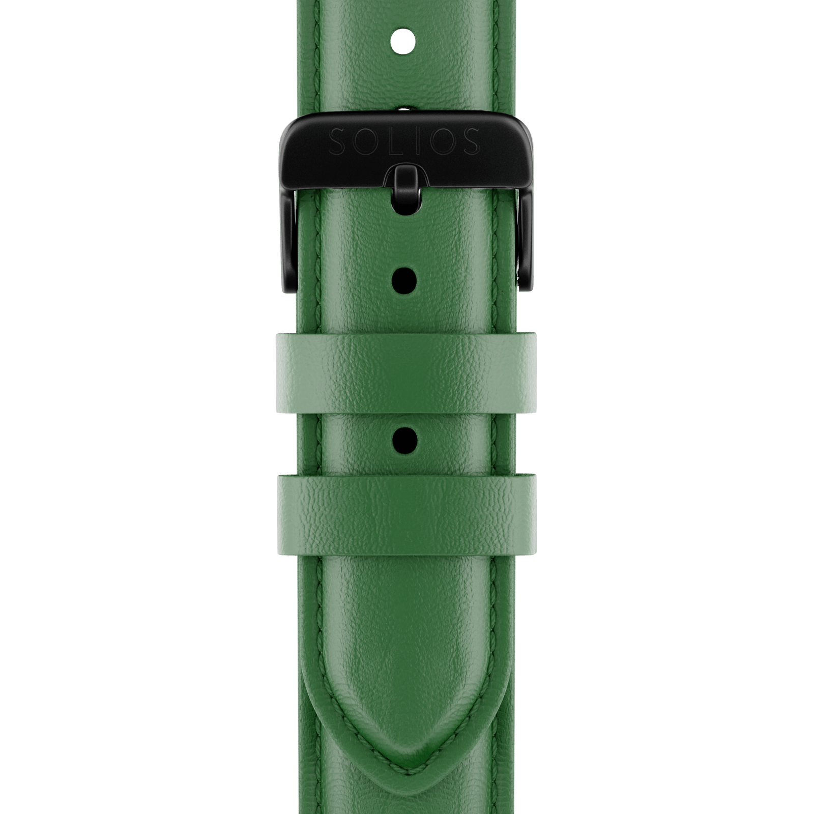 Close up front view of the black buckle on the green eco vegan leather strap from Solios