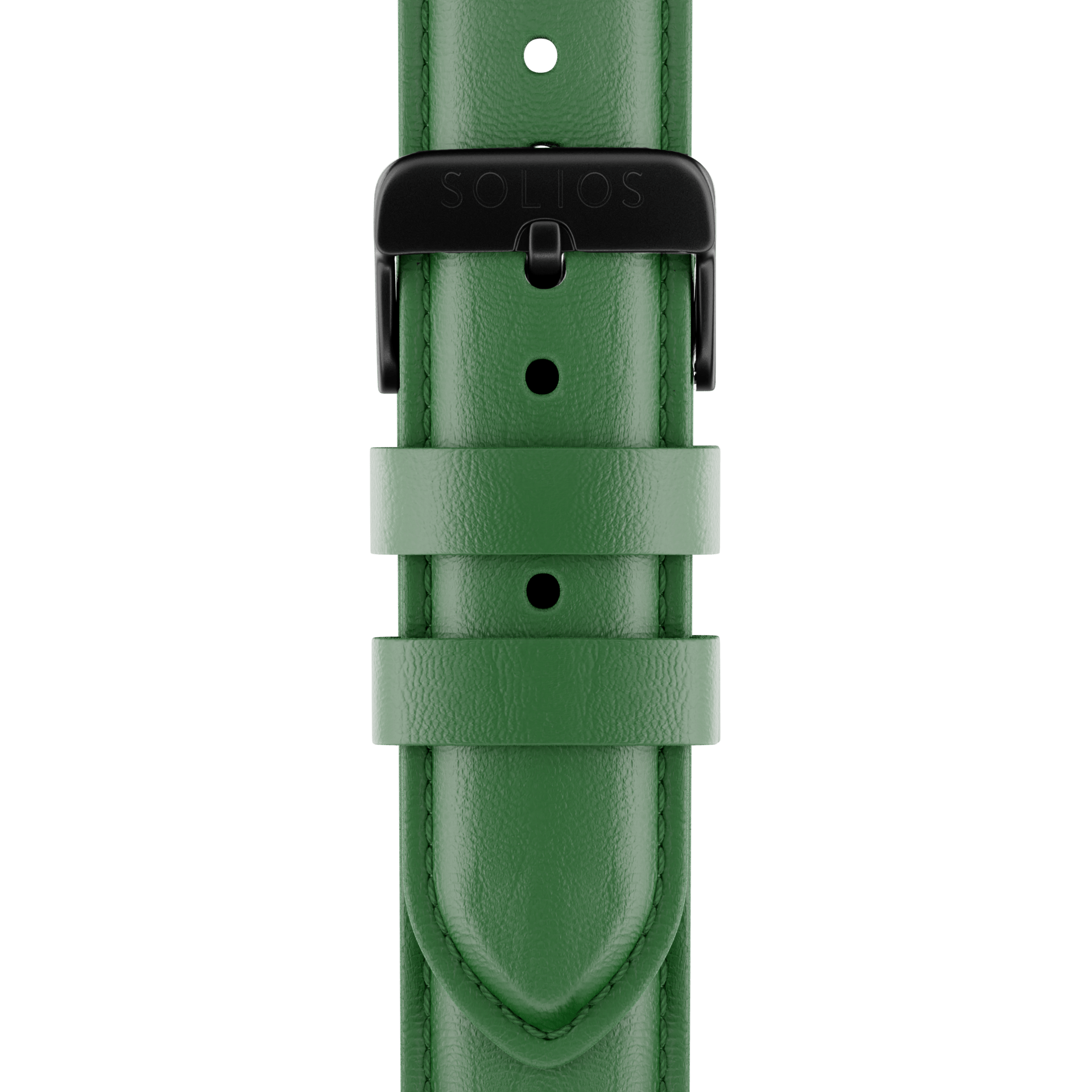 Close up front view of the black buckle on the green eco vegan leather strap from Solios