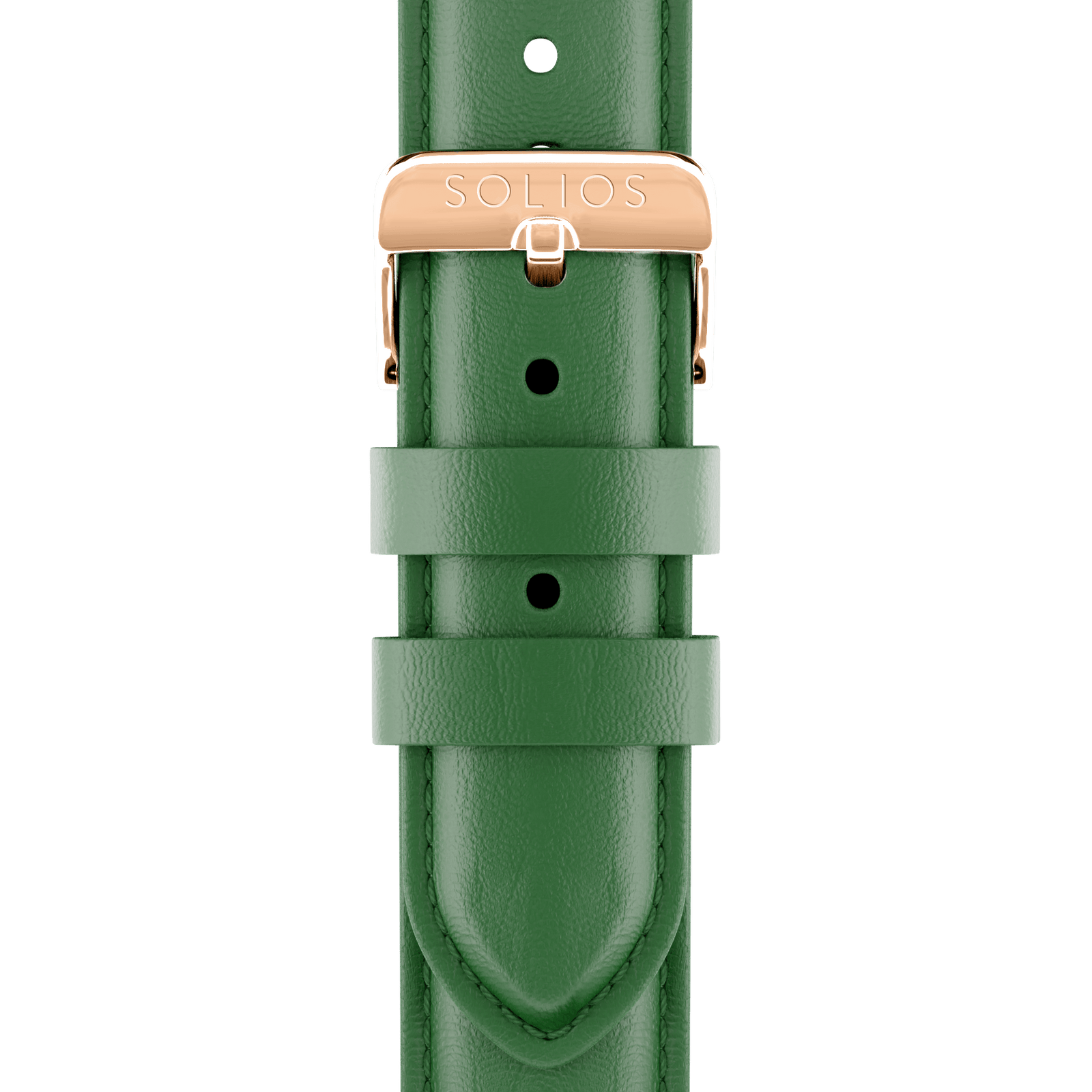 Close up front view of the rose gold buckle on the green eco vegan leather strap from Solios