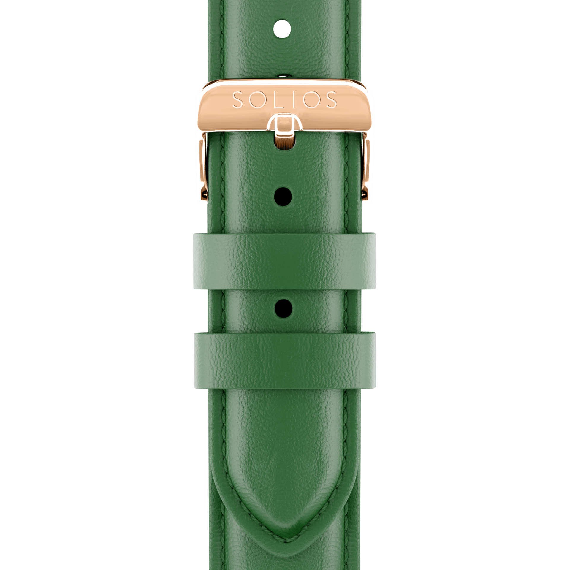 Close up front view of the rose gold buckle on the green eco vegan leather strap from Solios