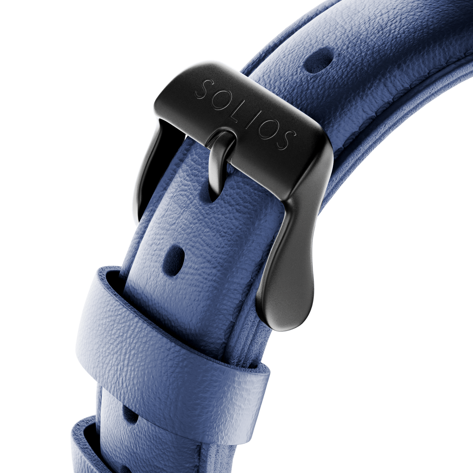 Close up view of the black buckle from the blue eco vegan leather strap from Solios.