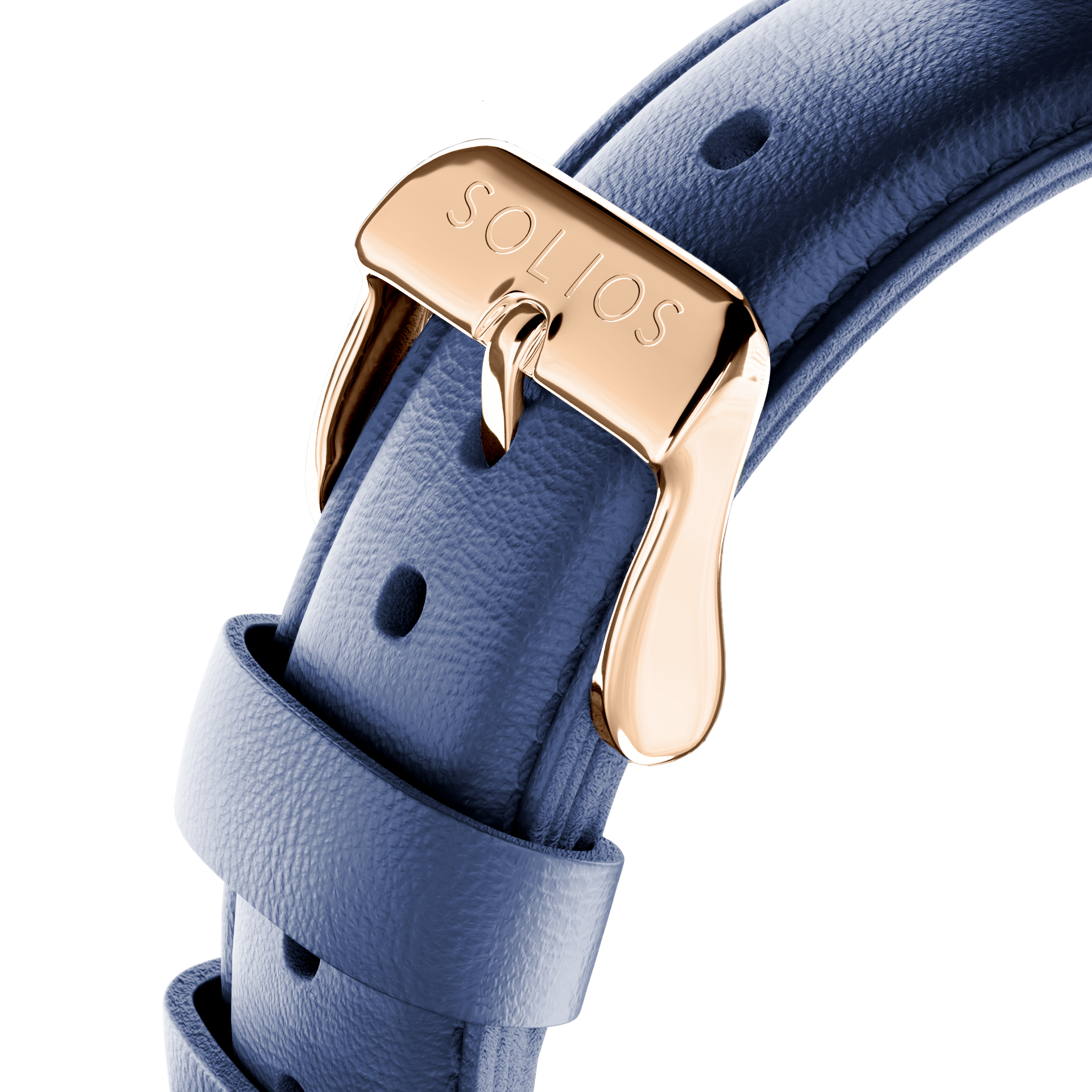 Close up view of the rose gold buckle from the blue eco vegan leather strap from Solios.