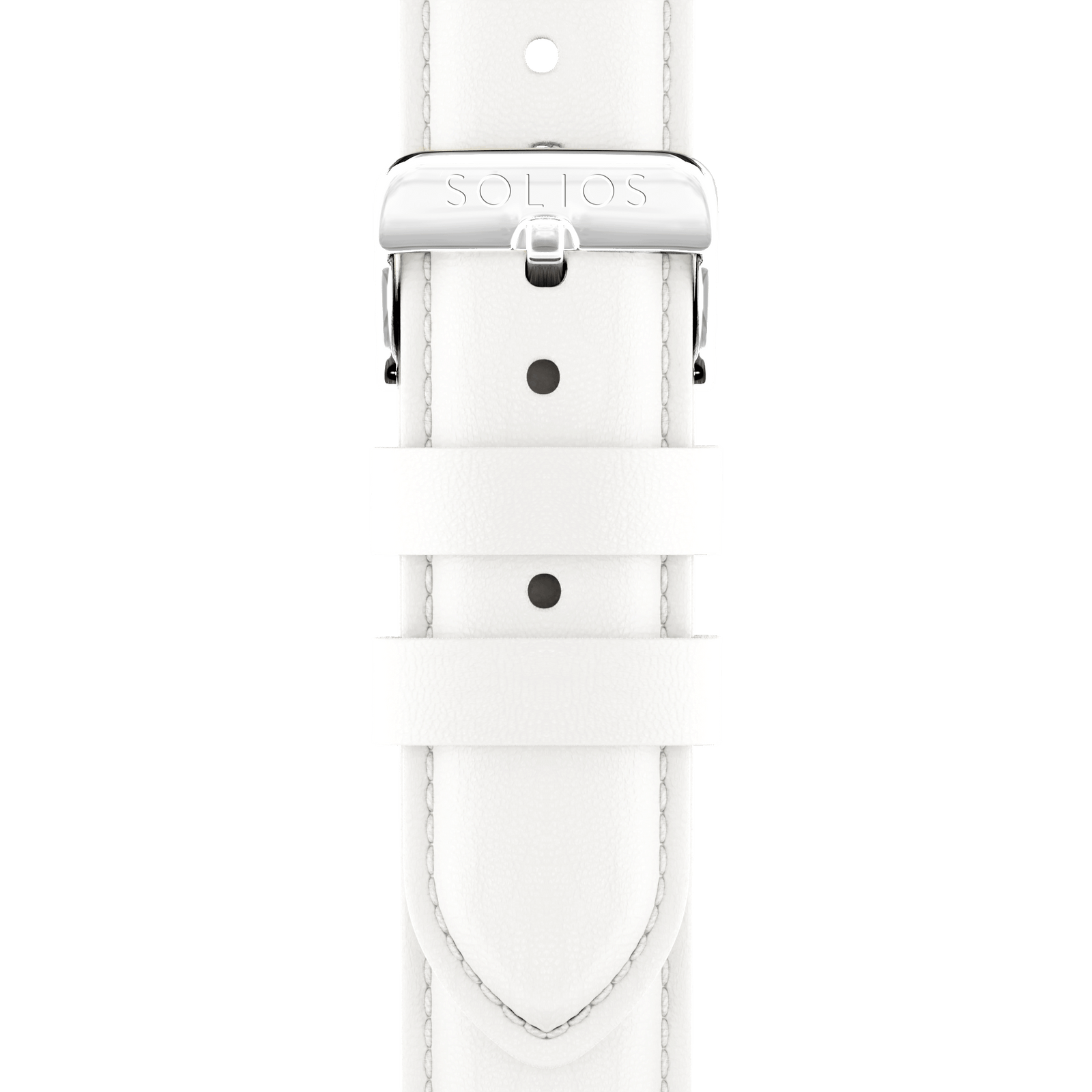 Front view of the silver buckle on the white eco vegan leather strap from Solios