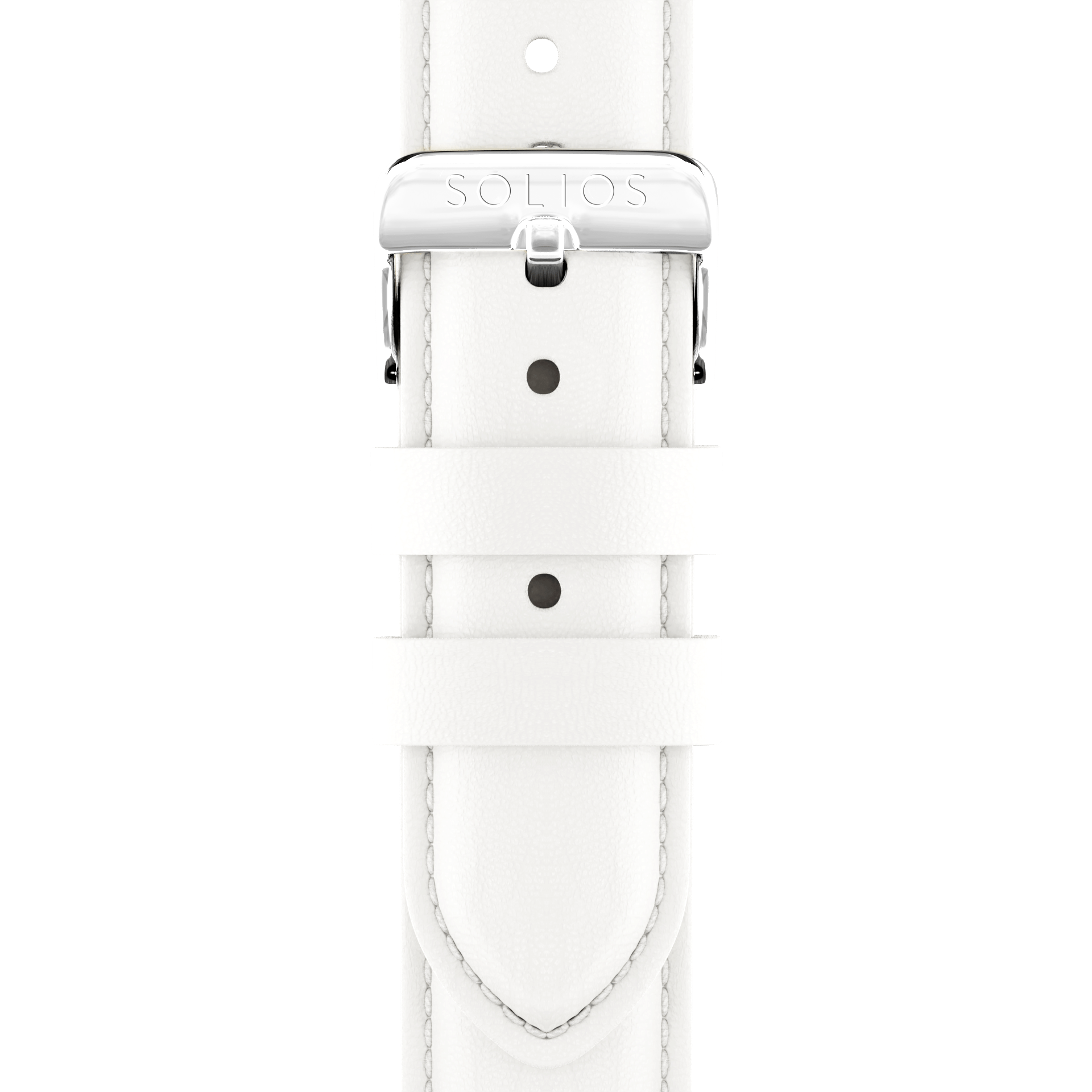 Front view of the silver buckle on the white eco vegan leather strap from Solios