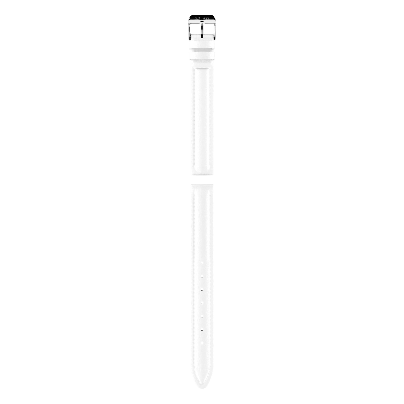 Complete view of the two parts from the white eco vegan leather strap from Solios with a silver buckle