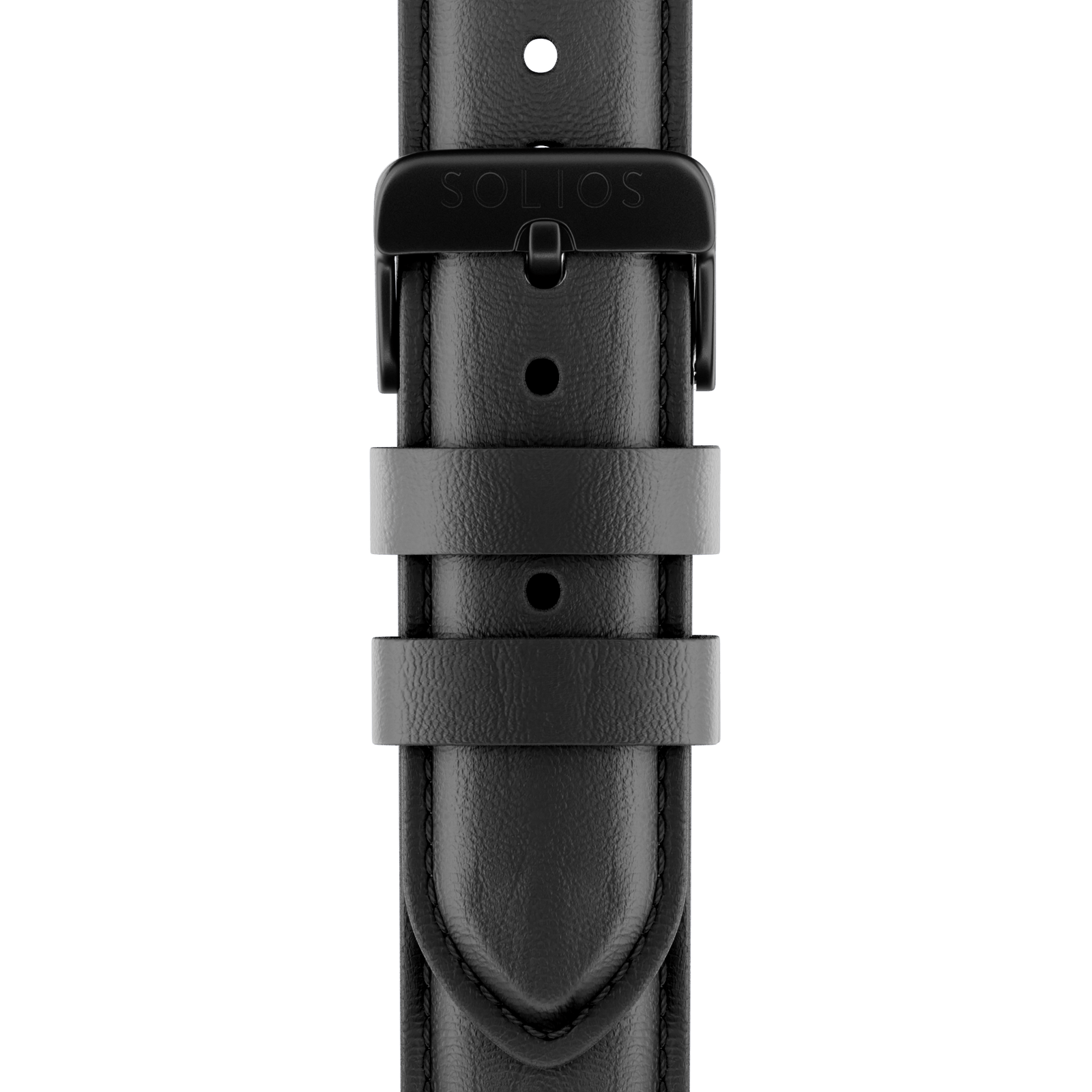 Close up front view of the black buckle on the black eco vegan leather strap from Solios