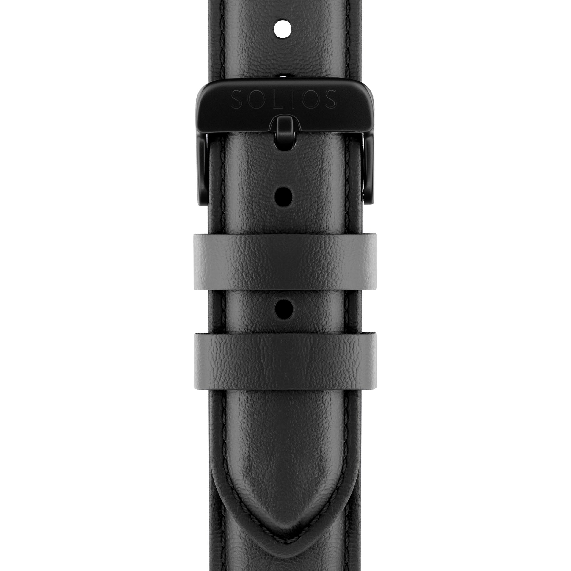 Close up front view of the black buckle on the black eco vegan leather strap from Solios