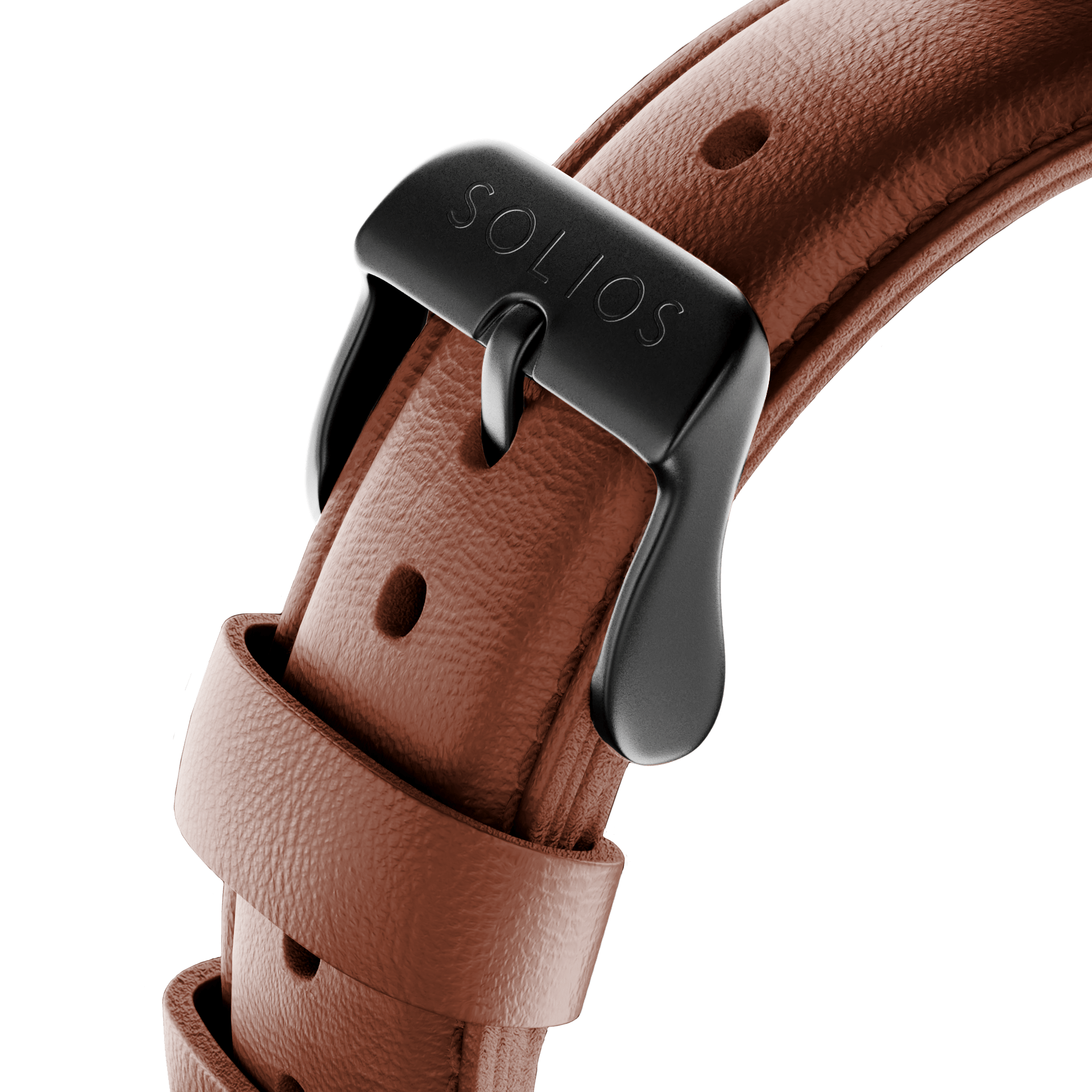 Close up of the black buckle on the brown eco vegan leather strap from Solios
