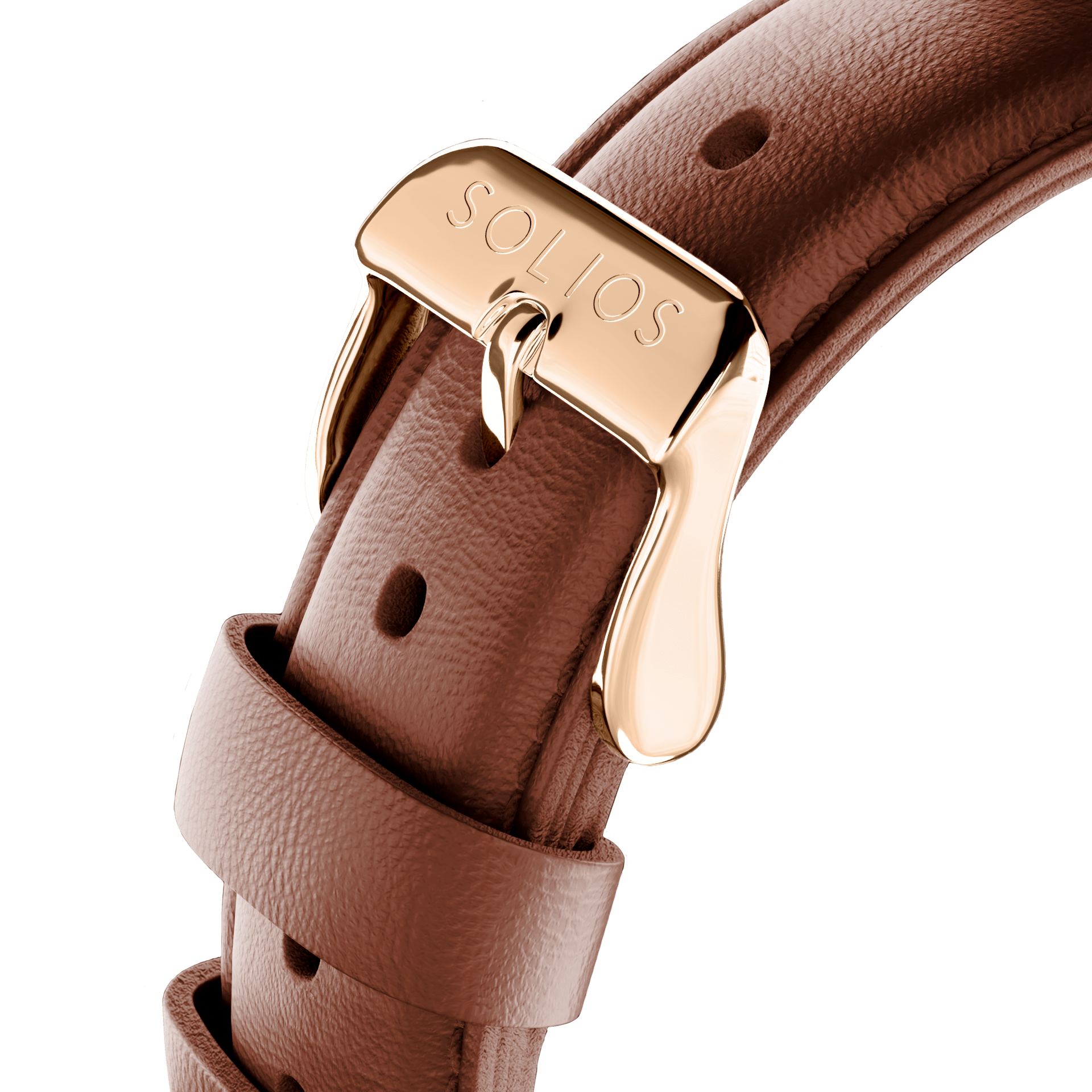 Close up of the rose gold buckle on the brown eco vegan leather strap from Solios