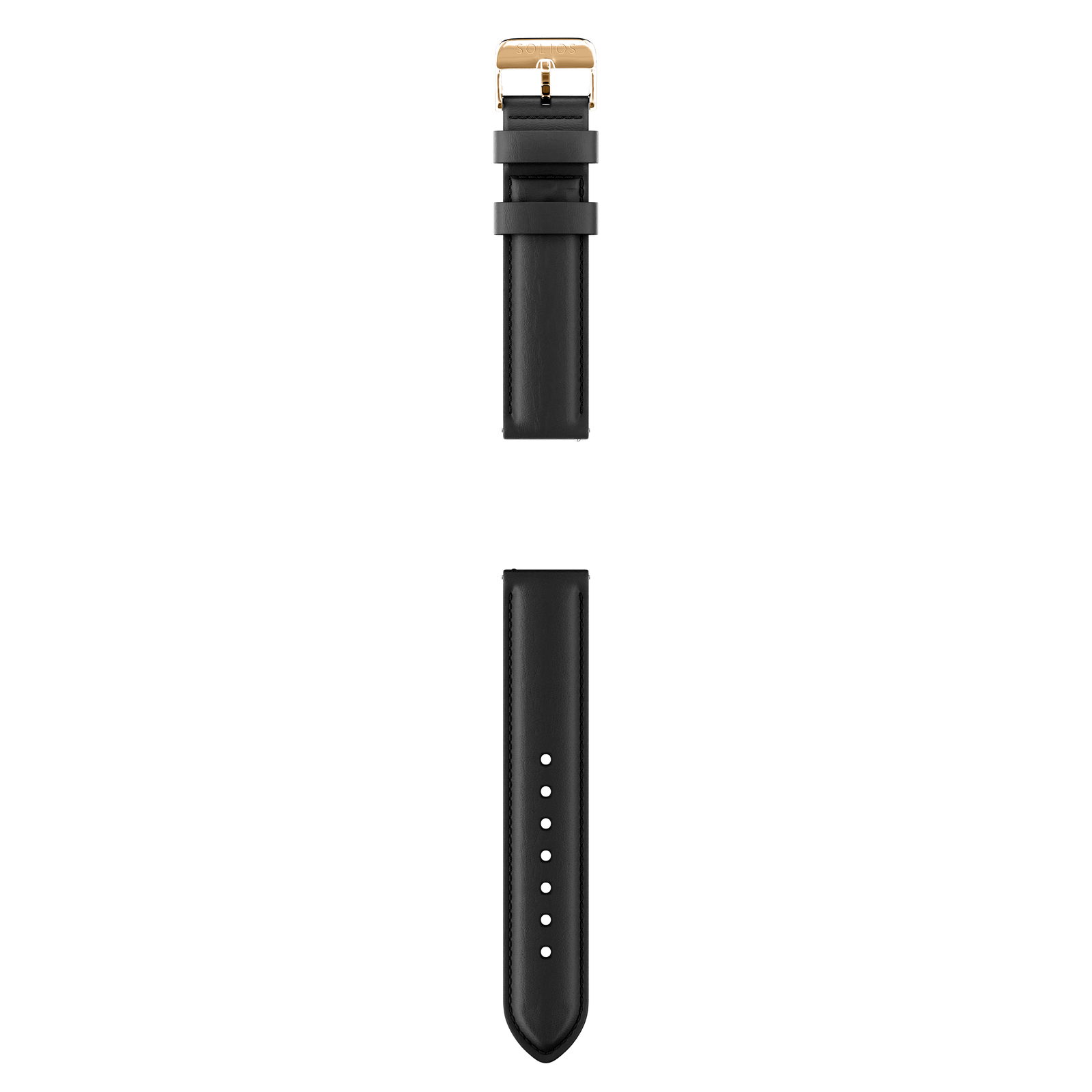 Complete view of the two parts from the black eco vegan leather strap with the rose gold buckle