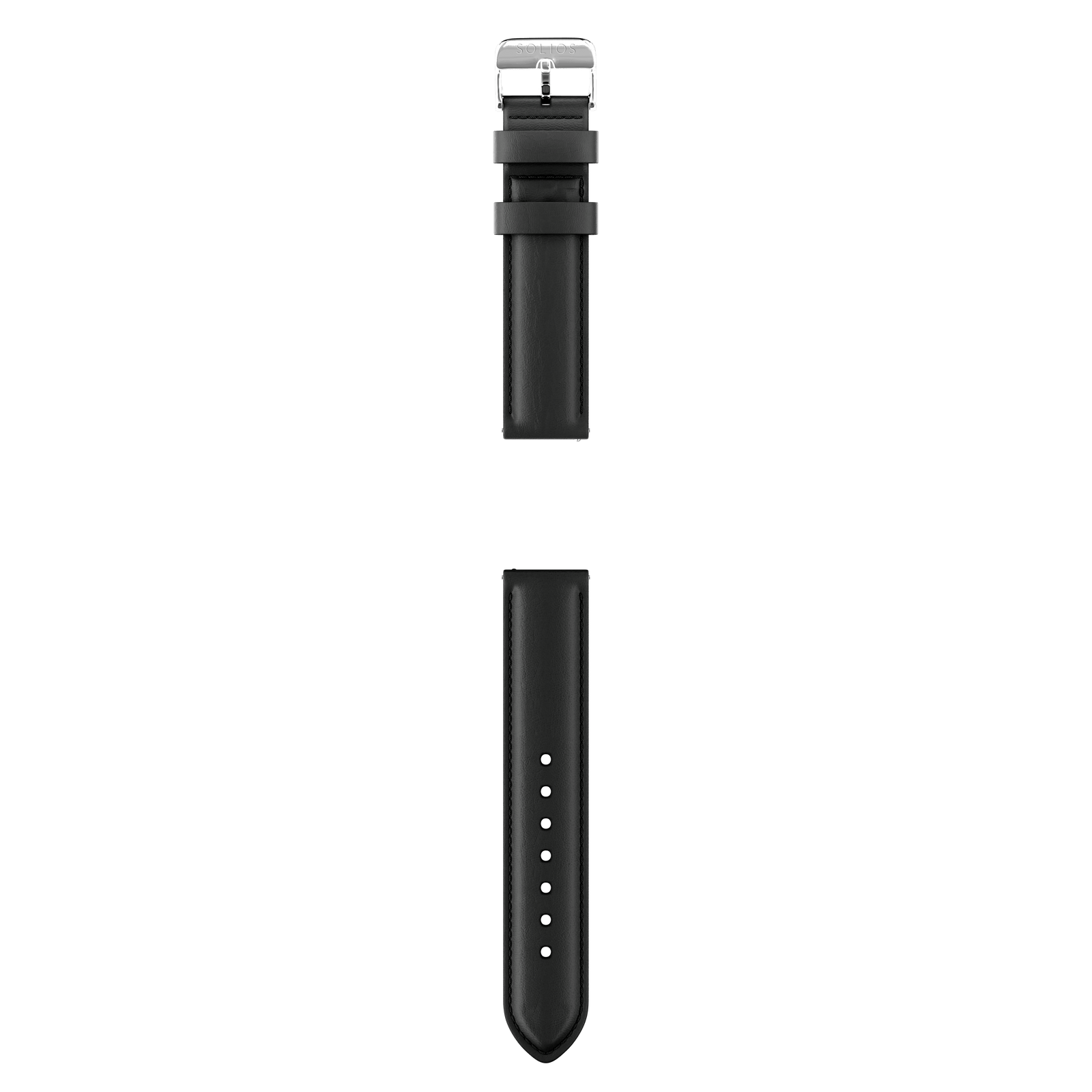Complete view of the two parts from the black eco vegan leather strap with the silver buckle