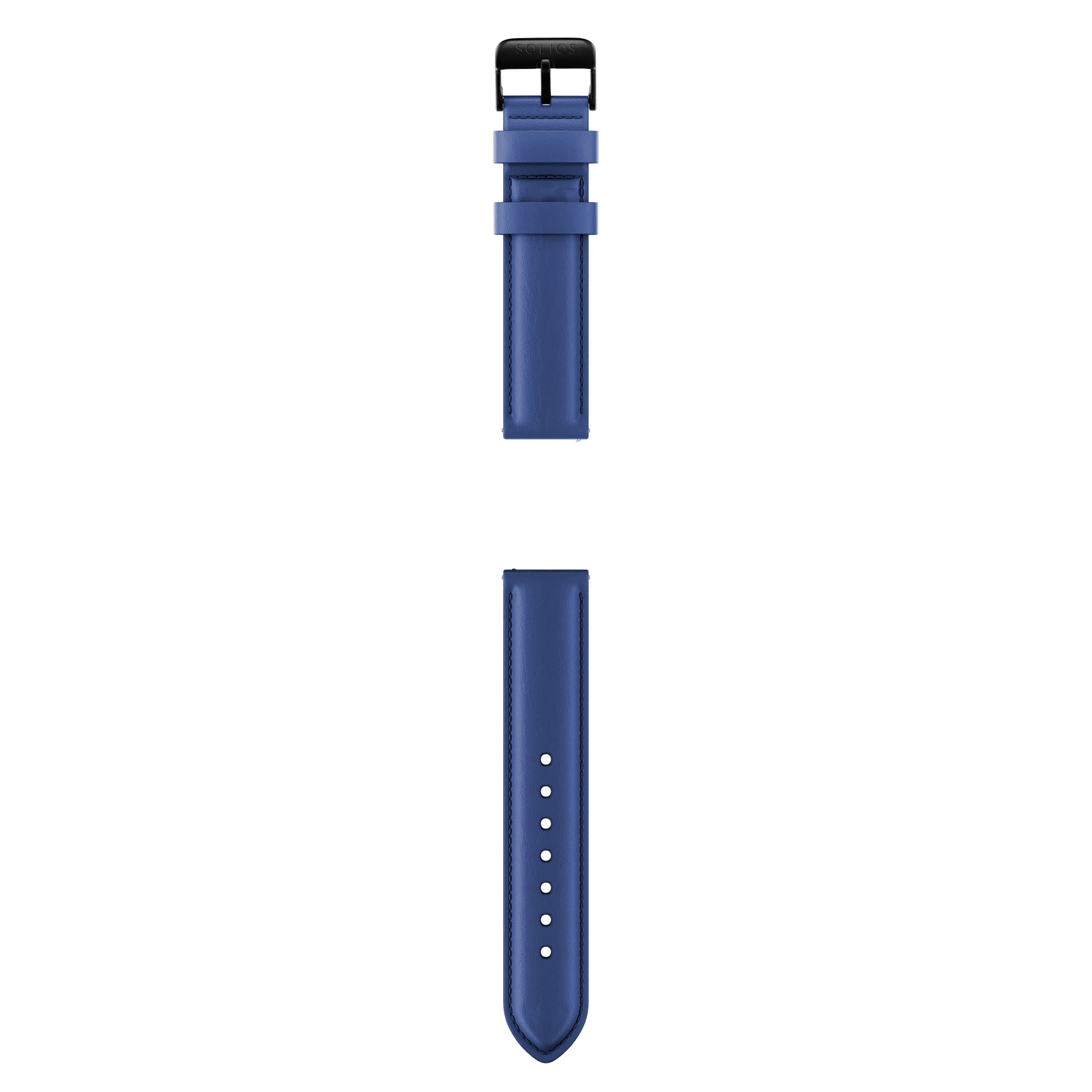 Complete view in two parts of the blue eco vegan leather strap from Solios with the black buckle