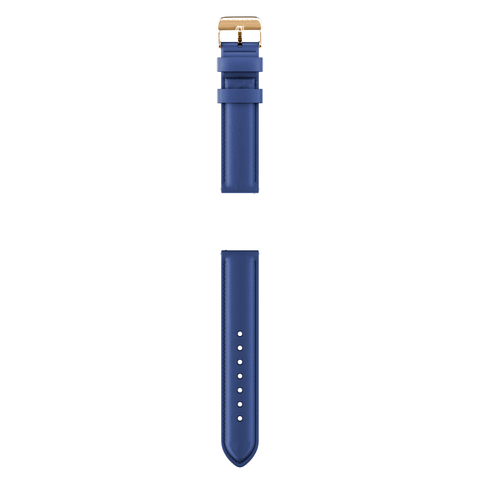 Complete view in two parts of the blue eco vegan leather strap from Solios with the rose gold buckle
