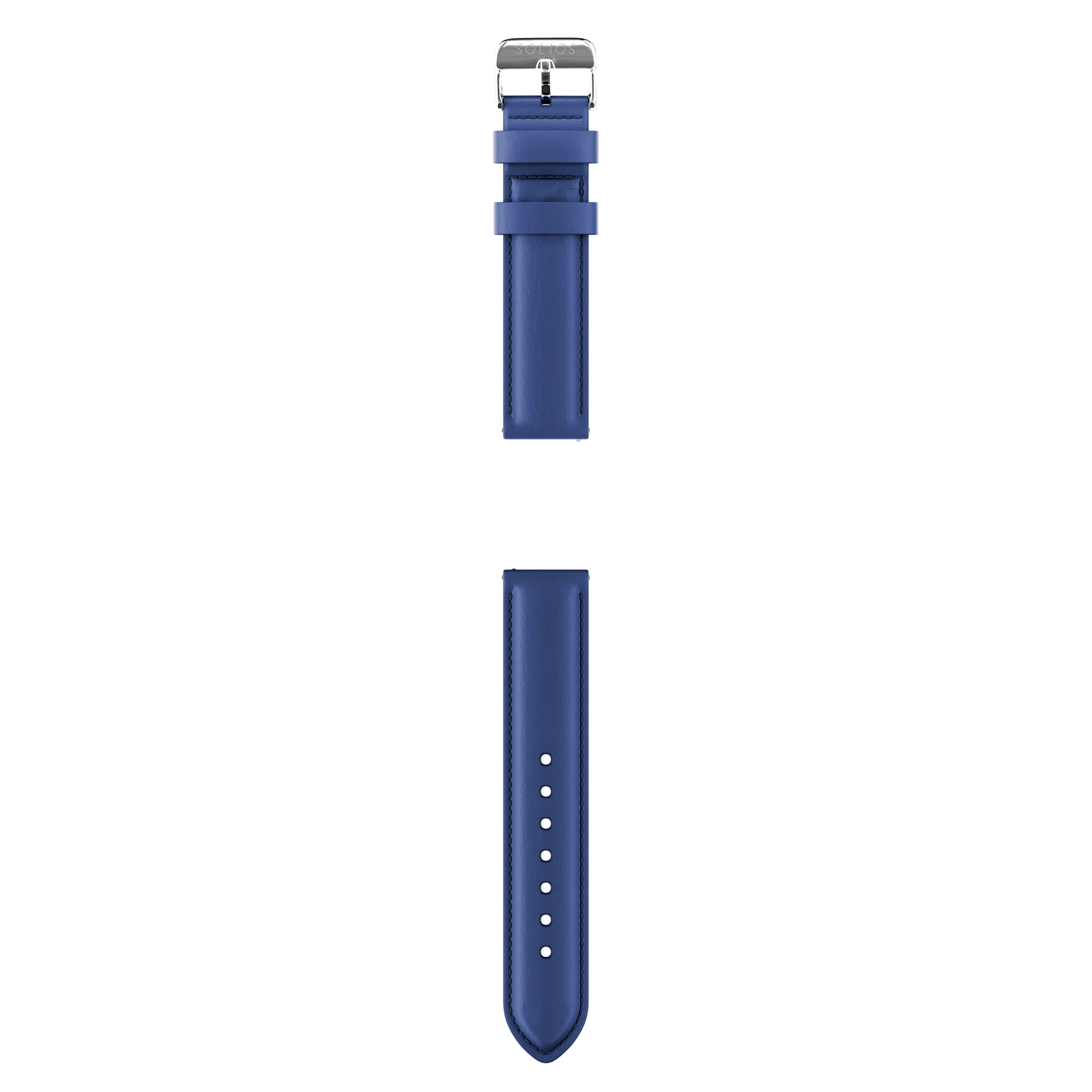 Complete view in two parts of the blue eco vegan leather strap from Solios with the silver buckle
