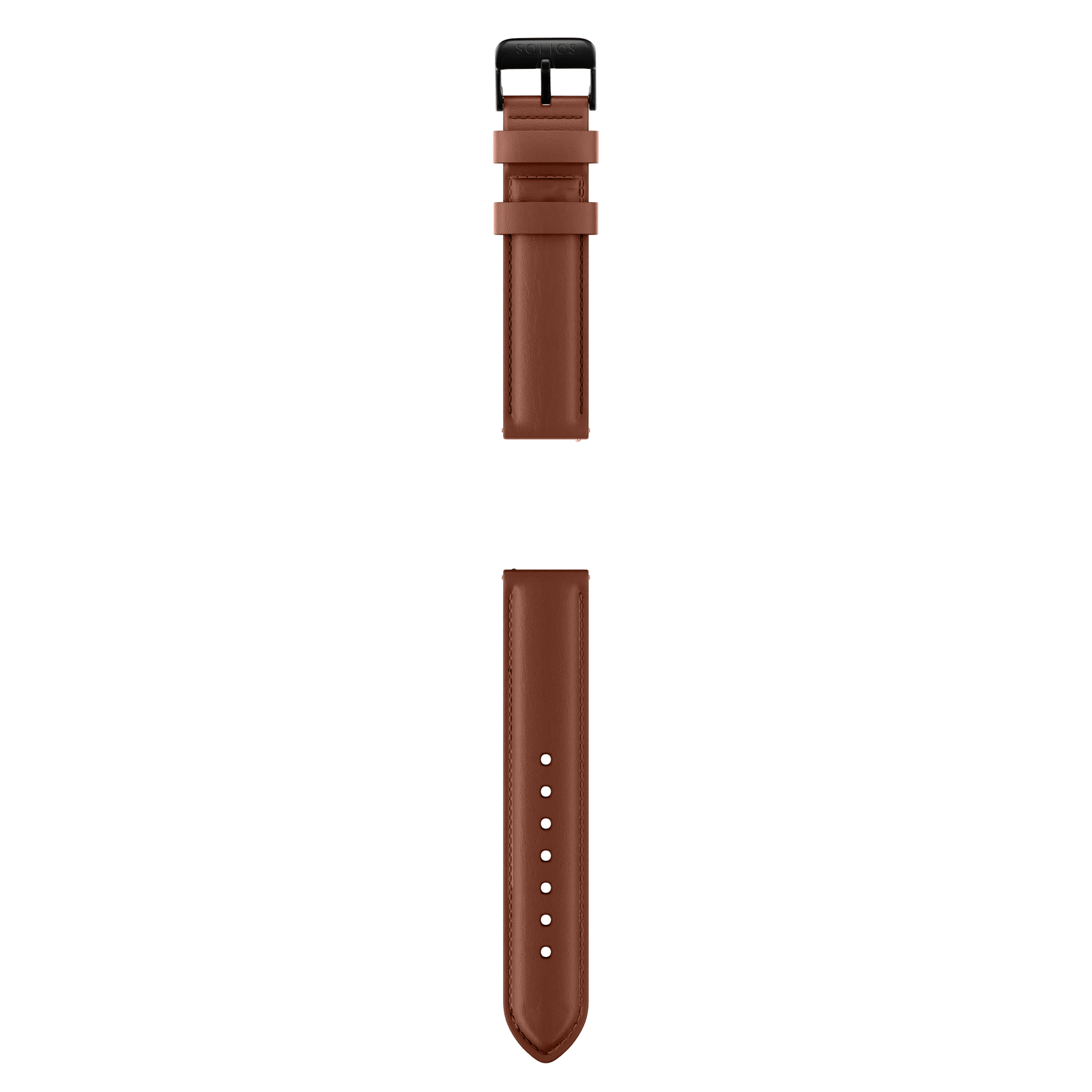Complet view of the two parts from the brown eco vegan leather strap from Solios with the black buckle